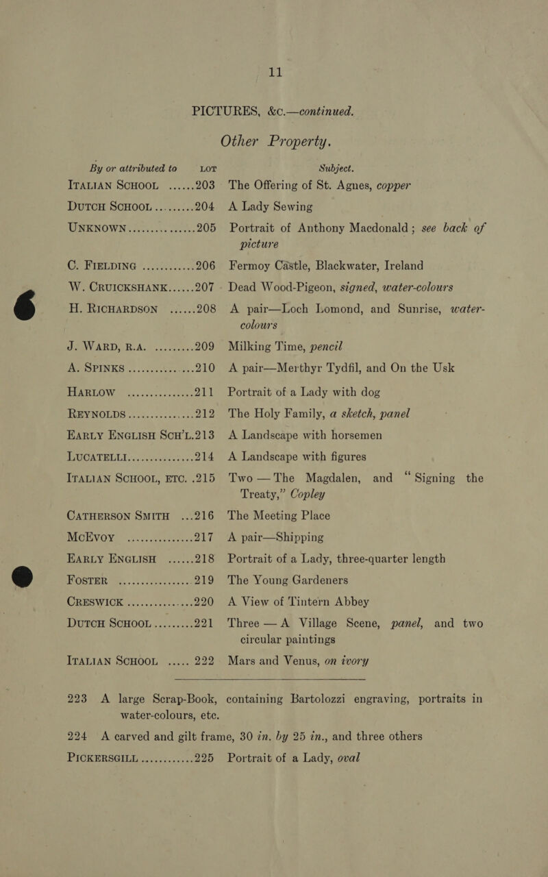 By or attributed to LOT ITALIAN SCHOOL ...... 203 DutToH SCHOOL ......... 204 WNENOWNS fii ees cack 205 GeHIELDING *...320. 50.08 206 W. CRUICKSHANE...... 207 H. RICHARDSON ...... 208 HeeVARD., R.A. 2. tenes 209 IBPOPINKS |... vce akis mm. 210 BROW aa vss tn atten 211 PEeYNOLDS «5.0. &lt;0s2is4 &lt;i: 212 EARLY ENGLISH ScH’L.213 PSOA TW... 4. ceseects: « 214 ITALIAN SCHOOL, ETC. .215 CATHERSON SMITH ...216 EGY Yc «hi'se eeebenneue 217 EARLY ENGLISH ...... 218 SHORTER 1c . cise cas of 219 SS W IGEAW scot ert 220 DutcH SCHOOL ......... 221 ITALIAN SCHOOL ..... 222 223 &lt;A large Scrap-Book, Subject. The Offering of St. Agnes, copper A Lady Sewing Portrait of Anthony Macdonald; see back of picture Fermoy Castle, Blackwater, Ireland Dead Wood-Pigeon, signed, water-colours A pair—Loch Lomond, and Sunrise, water- colours Milking Time, pencil A pair—Merthyr Tydfil, and On the Usk Portrait of a Lady with dog The Holy Family, a sketch, panel A Landscape with horsemen A Landscape with figures Two — The Magdalen, Treaty,” Copley The Meeting Place 5 . . and Signing the A pair—Shipping Portrait of a Lady, three-quarter length The Young Gardeners A View of Tintern Abbey Three — A Village Scene, panel, circular paintings and two Mars and Venus, on ivory containing Bartolozzi engraving, portraits in PICGERSGILE Sue. 225 Portrait of a Lady, oval