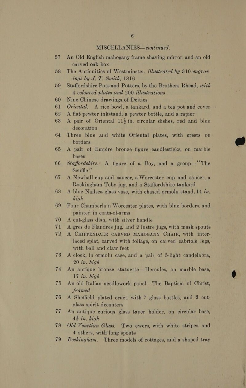57 58 59 60 61 62 63 64 65 66 67 68 69 70 71 72 73 74 75 76 77 78 1 6 MISCELLA NIKES— continued. An Old English mahogany frame shaving mirror, and an old carved oak box The Antiquities of Westminster, @l/ustrated by 310 engrav- ings by J. T. Smith, 1816 Staffordshire Pots and Potters, by the Brothers Rhead, wzth 4 coloured plates and 200 illustrations Nine Chinese drawings of Deities Oriental. A rice bowl, a tankard, and a tea pot and cover A flat pewter inkstand, a pewter bottle, and a rapier A pair of Oriental 114 in. circular dishes, red and blue decoration Three blue and white Oriental plates, with crests on borders A pair of Empire bronze figure candlesticks, on marble bases Staffordshire. A figure of a Boy, and a group—‘The Scuffle ” A Newhall cup and saucer, a Worcester cup and saucer, a Rockingham Toby jug, and a Staffordshire tankard A blue Nailsea glass vase, with chased ormolu stand, 14 zn. high Four Chamberlain Worcester plates, with blue borders, and painted in coats-of-arms A cut-glass dish, with silver handle A grés de Flandres jug, and 2 lustre jugs, with mask spouts A CHIPPENDALE CARVED MAHOGANY CHAIR, with inter- laced splat, carved with foliage, on carved cabriole legs, with ball and claw feet A clock, in ormolu case, and a pair of 5-light candelabra, 20 in. high An antique bronze statuette—Hercules, on marble base, 17 in. high An old Italian needlework panel—The Baptism of Christ, Jramed A Sheffield plated cruet, with 7 glass bottles, and 3 cut- glass spirit decanters An antique curious glass taper holder, on circular base, 44 in. high Old Venetian Glass. Two ewers, with white stripes, and Rockingham. Three models of cottages, and a shaped tray 