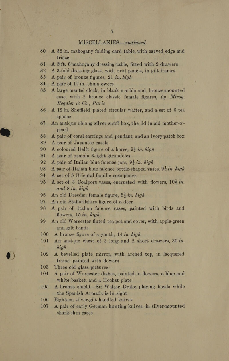 Q @) 82 92 106 107 ! MISCELLANIES—continued. A 32in. mahogany folding card table, with carved edge and frieze | A 3 ft. 6 mahogany dressing table, fitted with 2 drawers A 3-fold dressing glass, with oval panels, in gilt frames A pair of bronze figures, 21 zn. high A pair of 12 in. china ewers A large mantel clock, in black marble and bronze-mounted case, with 2 bronze classic female figures, by Muiroy, Requier &amp; Co., Paris A 12in. Sheffield plated circular waiter, and a set of 6 tea spoons An antique oblong silver snuff box, the lid inlaid mother-o’- pearl A pair of coral earrings and pendant, and an ivory patch box A pair of Japanese easels A coloured Delft figure of a horse, 94 zn. high A pair of ormolu 3-light girandoles A pair of Italian blue faience jars, 94 in. high A pair of Italian blue faience bottle-shaped vases, 94 zn. high A set of 5 Oriental famille rose plates A-set of 3 Coalport vases, encrusted with flowers, 104 in. and 8 in. high | An old Dresden female figure, 54 in. high An old Staffordshire figure of a deer A pair of Italian faience vases, painted with birds and flowers, 15 in. high An old Worcester fluted tea pot and cover, with apple-green and gilt bands A bronze figure of a youth, 14 in. high An antique chest of 3 long and 2 short drawers, 30 27. high A bevelled plate mirror, with arched top, in lacquered frame, painted with flowers Three old glass pictures A pair of Worcester dishes, painted in flowers, a blue and white basket, and a Hochst plate A bronze shield—Sir Walter Drake playing bowls while the Spanish Armada is in sight EKighteen silver-gilt handled knives A pair of early German hunting knives, in silver-mounted shark-skin cases