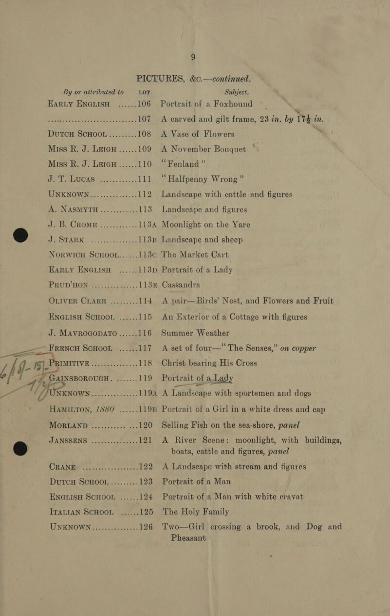 ENGLISH SCHOOL ...... 115 J. MAVROGODATO...... 116 FRENCH SCHOOL ...... PLT Lh iy Tig Pannen Tee See si 3S 118 4, ” GarnsporoucH iy ee 119 ~1/4%&gt; Beane os. // UNKNOWN Seer Pee 119A 9 By or attributed to LOT EARLY ENGLISH ....... 106 fe | eae dort eth ee 107 DUTCH SCHOOL......... 108 Miss R. J. Leicu a 110 ee GOAS! chy cnet cas 111 TINE NOWNG «in .ci2es8,&gt; 112 PONASMYTH . 4. o.. sa. shs 1138 ee. COROMB., .cecuei son 113A 4 Day 075 a gS 113B NORWICH SCHOOL...... 113 OLIVER CLARE ..20233.: 114 HAMILTON, 1880 BROGAN. sic e se cc gs 120 SANSSENS: .....4-. ease 121 CAMP a uish espa: 122 DutcH SCHOOL ......... 123 ENGLISH SCHOOL ...... 124 ITALIAN SCHOOL ...... 125 UINENOWN 2.0. ecncn 126 Subject. Portrait of a Foxhound A carved and gilt frame, 23 in. by Mma im. A Vase of Flowers A November Bouquet ° “Fenland ” ‘Halfpenny Wrong ” Landscape with cattle and figures Landseape and figures Moonlight on the Yare Landscape and sheep The Market Cart A pair— Birds’ Nest, and Flowers and Fruit An Exterior of a Cottage with figures Summer Weather A set of four—‘‘ The Senses,” Christ bearing His Cross on copper Portrait of a-Lady A Landseape with sportsmen and dogs Selling Fish on the sea-shore, panel A River Scene: moonlight, with buildings, boats, cattle and figures, panel A Landscape with stream and figures Portrait of a Man Portrait of a Man with white cravat The Holy Family Two—Girl crossing a brook, and Dog and Pheasant