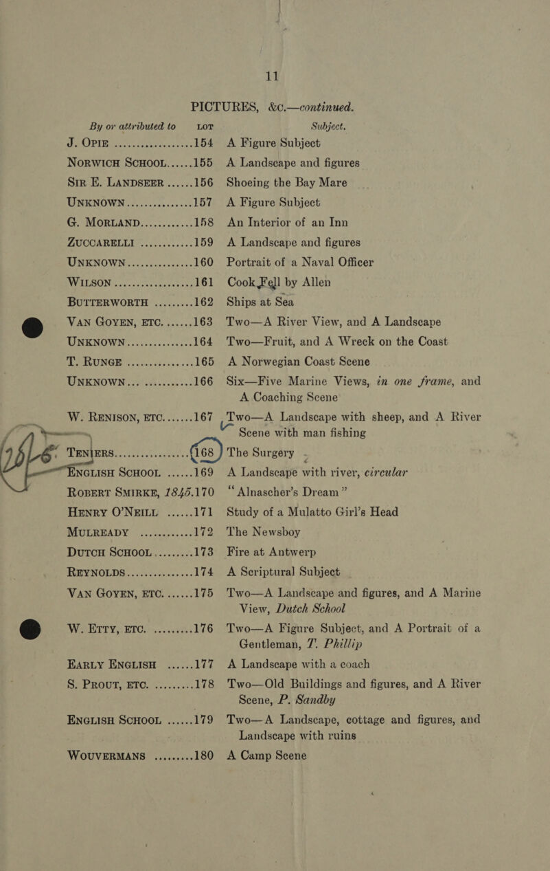  By or attributed to LOT TeUrinwe Want. 154 NORWICH SCHOOL...... 155 Sir E. LANDSEER ...... 156 UNKNOWN ...........0055 157 G. MORLAND............ 158 PROOAREDLUL ccs cek sss 159 MINENOWN, «+. cccneassces 160 REASON. coco s cs duis hehe 161 BUTTERWORTH ......... 162 VAN GOYEN, ETC....... 163 WNENOWN':.i.:...060080. 164 PE IGLINGHE 7. cess db eine.» oe 165 UNENOWN: so) ick.csu 5: 166 W. RENISON, ETC....... 167 . ex} xns SAT Se atoete: (168 ENGLISH SCHOOL ...... 169 ROBERT SMIRKE, 1845.170 Henry O’NEILL ...... 171 MATIC MALY: = co kiate sc 172 DutTcH SCHOOL......... 173 HOGENOLDS.. aaecie os ces 174 VAN GOYEN, ETC. ...... 175 WEOTT Ys BIOL... ese) 176 EARLY ENGLISH ...... 177 SEE ROUT PIC. eos xcs, 178 ENGLISH SCHOOL ...... 1 79 WOUVERMANS ......... 180 Subject. A Figure Subject A Landscape and figures Shoeing the Bay Mare A Figure Subject An Interior of an Inn A Landscape and figures Portrait of a Naval Officer Cook Fell by Allen Ships at Sea Two—A River View, and A Landscape Two—Fruit, and A Wreck on the Coast A Norwegian Coast Scene Six—Five Marine Views, in one frame, and A Coaching Scene Two—A Landscape with sheep, and A River Scene with man fishing The Surgery A Landscape With river, circular ‘ Alnascher’s Dream” Study of a Mulatto Girl’s Head The Newsboy Fire at Antwerp A Seriptura] Subject Two—A Landscape and figures, and A Marine View, Dutch School Two—A Figure Subject, and A Portrait of a Gentleman, 7. Phillip A Landscape with a coach Two—Old Buildings and figures, and A River Scene, P. Sandby Two—A Landscape, cottage and figures, and Landscape with ruins A Camp Scene