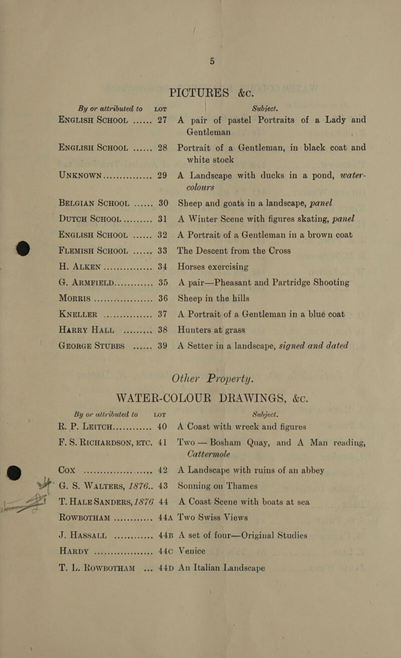 | By or attributed to LOT ) Subject. ENGLISH SCHOOL ...... 27 A pair of pastel Portraits of a Lady and Gentleman ENGLISH SCHOOL ...... 28 Portrait of a Gentleman, in black coat and white stock MIME NOWN ficsk sis sclecs 29 &lt;A Landscape with ducks in a pond, water- colours BELGIAN SCHOOL ...... 30 Sheep and goats in a landscape, panel DutTcH SCHOOL ......... 31 &lt;A Winter Scene with figures skating, panel ENGLISH SCHOOL ...... 32 &lt;A Portrait of a Gentleman in a brown coat FLEMISH SCHOOL ...... 33 The Descent from the Cross [CAS a 34 Horses exercising ea OT 35 A pair—Pheasant and Partridge Shooting I ORRIO cise cks Mates doxat 36 Sheep in the hills RCM ELAER ox. oe tothe tkus. 37 &lt;A Portrait of a Gentleman in a blue coat HARRY Hants? 2;..°..5 38 Hunters at grass GEORGE STUBBS ...... 39 A Setter in a landscape, signed and dated Other Property. WATER-COLOUR DRAWINGS, &amp;c. By or attributed to LOT Subject. Par Ee T TOT eck ok cacve 40 A Coast with wreck and figures FS. RICHARDSON, ETC. 41 Cox T. HALESANDERS, 1876 44 ROWBOTHAM .....cscc0c6 44A af PE VASA TE ON coco kde 44B BUILD ares vibes Ss ce 44¢C T. L. RowBoTHAM Two — Bosham Quay, and A Man reading, Cattermole A Landscape with ruins of an abbey Sonning on Thames A Coast Scene with boats at sea Two Swiss Views A set of four—Original Studies Venice