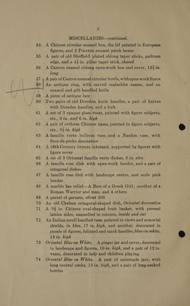 73 74 6 MISCELLANIES—continued. A Chinese circular enamel box, the lid painted in European figures, and 2 Pinxton enamel patch boxes A pair of old Sheffield plated oblong taper sticks, gadroon edge, and a 44 in. pillar taper stick, chased A Canton enamel oblong open-work box and cover, 12#7n. long A pair-of Canton enamel circular bowls, withopen-work liners enamel and gilt handled knife A piece of antique lace Two pairs of old Dresden knife handles, a pair of knives with Dresden handles, and a fork A set of 3 opaque glass vases, painted with figure subjects, etc., 97n. and 62n. high A pair of oviform Chinese vases, painted in figure subjects, etc., 8h in. high A famille verte bulbous vase, and a Nankin vase, with fleur-de-péche decoration | A 16th Century bronze inkstand, supported by figures with figure cover A set of 3 Oriental famille verte dishes, 8 27. cz7c. A famille rose dish with open-work border, and a pair of octagonal dishes A famille rose dish with landscape centre, and scale pink border A marble bas reliei—A Bust of a Greek Girl; another of a Roman Warrior and man, and 4 others A parcel of garnets, about 300 An old Chelsea octagonal-shaped dish, Oriental decoration A 94 in. Chinese oval-shaped fruit basket, with pierced lattice sides, enamelled in colours, znside and out An Italian scroll handled vase, painted in views and armorial shields, in blue, 17 in. high, and another, decorated in panels of figures, foliated and mask handles, blwe-on-white, 13 2n. high Oriental Blue on White. A ginger jar and cover, decorated in landscape and figures, 107. Azgh, and a pair of 12 in. vases, decorated in lady and children playing Oriental Blue on White. A pair of quintuple jars, with long central necks, 13 7n. high, and a pair of long-necked bottles  