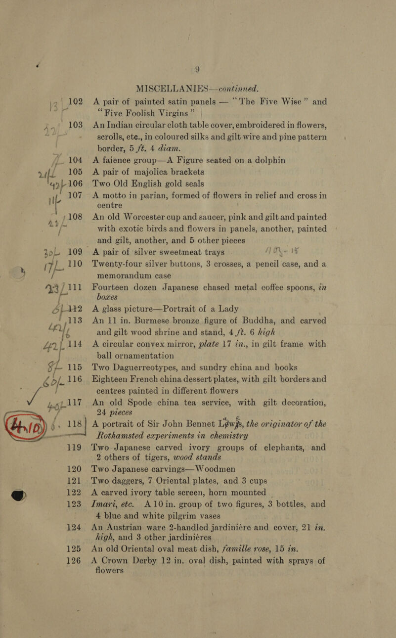  g A pair of painted satin panels — ‘The Five Wise” and “Five Foolish Virgins” | An Indian circular cloth table cover, embroidered in flowers, scrolls, ete., in coloured silks and gilt wire and pine pattern border, 5 ft. 4 diam. A faience group—A Figure seated on a dolphin A pair of majolica brackets Two Old English gold seals A motto in parian, formed of flowers in relief and cross in centre An old Worcester cup and saucer, pink and gilt and painted with exotic birds and flowers in panels, another, painted and gilt, another, and 5 other pieces ae Twenty-four silver buttons, 3 crosses, a pencil case, and a memorandum case Fourteen dozen Japanese chased metal coffee spoons, 77 boxes A glass picture—Portrait of a Lady and gilt wood shrine and stand, 4 ft. 6 high A circular convex mirror, plate 17 in., in gilt frame with ball ornamentation. Two Daguerreotypes, and sundry china and books Eighteen French china dessert plates, with gilt borders and centres painted in different flowers An old Spode china tea service, with gilt decoration, 24 pieces Rothamsted experiments in chemistry Two Japanese carved ivory groups of elephants, and 2 others of tigers, wood stands Two Japanese carvings— Woodmen Two daggers, 7 Oriental plates, and 3 cups A carved ivory table screen, horn mounted | Imari, etc. A10in. group of two figures, 3 bottles, and 4 blue and white pilgrim vases An Austrian ware 2-handled jardiniére and cover, 21 in. high, and 3 other jardiniéres An old Oriental oval meat dish, famelle rose, 15 in. A Crown Derby 12 in. oval dish, painted with sprays of flowers