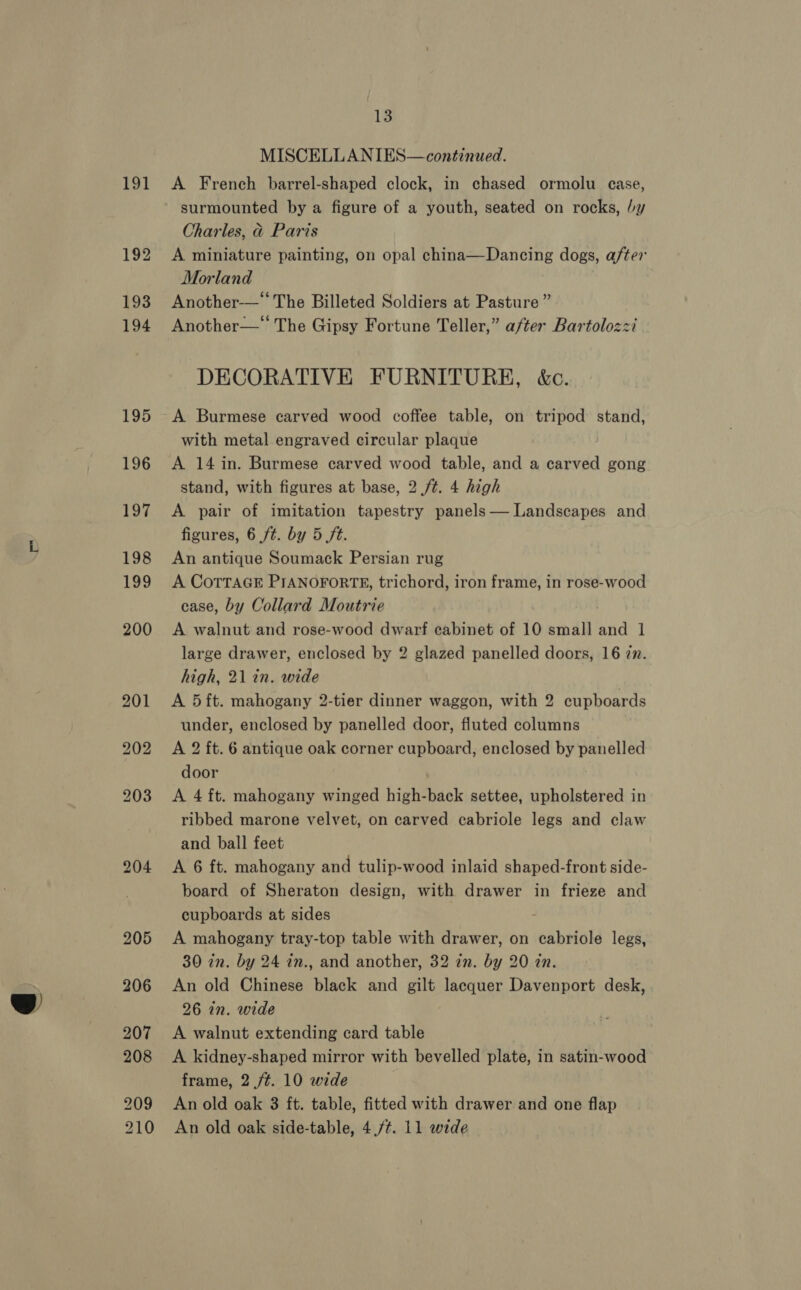 oy 191 204 13 A French barrel-shaped clock, in chased ormolu case, surmounted by a figure of a youth, seated on rocks, by Charles, d Paris A miniature painting, on opal china—Dancing dogs, after Morland Another-—‘‘ The Billeted Soldiers at Pasture ” Another—* The Gipsy Fortune Teller,” after Bartolozzi DECORATIVE FURNITURE, &amp;c. A Burmese carved wood coffee table, on tripod stand, with metal engraved circular plaque A 14 in. Burmese carved wood table, and a carved gong stand, with figures at base, 2 ft. 4 high A pair of imitation tapestry panels — Landscapes and figures, 6 ft. by 5 /t. An antique Soumack Persian rug A CoTTaGsE PIANOFORTE, trichord, iron frame, in rose-wood case, by Collard Moutrie | A walnut and rose-wood dwarf cabinet of 10 small and 1 large drawer, enclosed by 2 glazed panelled doors, 16 27. high, 21 in. wide A 5ft. mahogany 2-tier dinner waggon, with 2 cupboards under, enclosed by panelled door, fluted columns A 2 ft. 6 antique oak corner cupboard, enclosed by panelled door A 4 ft. mahogany winged high-back settee, upholstered in ribbed marone velvet, on carved cabriole legs and claw and ball feet A 6 ft. mahogany and tulip-wood inlaid shaped-front side- board of Sheraton design, with drawer in frieze and cupboards at sides : A mahogany tray-top table with drawer, on cabriole legs, 30 in. by 24 in., and another, 32 zn. by 20 in. An old Chinese black and gilt lacquer Davenport desk, 26 in. wide A walnut extending card table A. kidney-shaped mirror with bevelled plate, in satin-wood frame, 2 /¢. 10 wide An old oak 3 ft. table, fitted with drawer and one flap