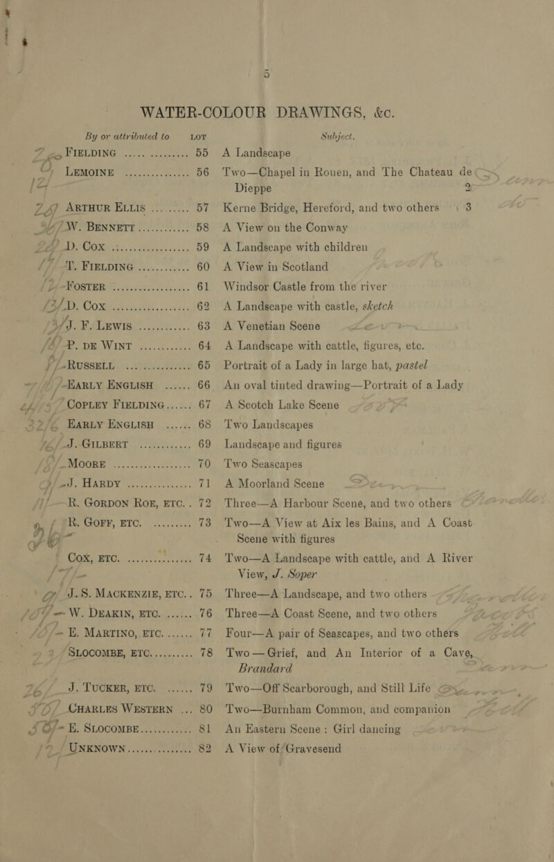 WATER-COLOUR DRAWINGS, &amp;c. By or attributed to LOT Subject. Meee LELDING ey. aca arenis 55 &lt;A Landscape hy; HEMOING Gc. a 56 Two—Chapel in Rouen, and The Chateau de fo Dieppe 2 ZS) ARTHUR ELLIS ......... 57 Kerne Bridge, Hereford, and two others 3 oy fer DENNER. iY! 58 &lt;A View on the Conway OY 59 A Landscape with children / T, Frenpine ............ 60 A View in Scotland / L/-FOSTER ~....... ee 61 Windsor Castle from the river (3 te a ae 62 A Landseape with castle, sketch Y, vA) a A ae ee 63 A Venetian Scene J ; Bee eee WINE 255, sen octes 64 A Landscape with cattle, figures, etc. //-Russei1 , Ades hy 65 Portrait of a Lady in large hat, pastel “7 / -EARLY ENGLISH ...... 66 An oval tinted drawing—Portrait of a Lady th, « ~ Copiey FIELDING...... 67 &lt;A Scotch Lake Scene © 2/6 Hariy ENGLISH ...... 68 ‘Two Landscapes Mee OILBERT 02. 20554, .., 69 Landseape and figures /, a 70 ‘Two Seascapes fe TIARDY oa. ec. een .ns 71 A Moorland Scene 7 , , '/ BR. Gorpon Rox, Etc.. 72 Three—A Harbour Scene, and two others 9, / Porerer, ETO. 0... ea 73 Two—A View at Aix les Bains, and A Coast of Gg Scene with figures ' ee eee ECO. 0, Meare 74 'Two—A Landseape with cattle, and A River og he View, J. Soper fy JS. MACKENZIE, ETC.. 75 Three—A Landscape, and two others ‘ iY W. DEAKIN, ETC. .......76 Three—A Coast Scene, and two others ; ae Th MARTINO, ETC: o)... 77 Four—aA pair of Seascapes, and two others ‘SLOCOMBE, ETC.......... 78 Two—Grief, and An Interior of a Cave, Brandard oe Db J, LUCHER;, BROS .2.;. 79° Two—Off Scarborough, and Still Life or L0/ CHARLES WESTERN ... 80 Two—Burnham Common, and companion 3 Of/- K. SLOCOMBE..........&lt;. 81 An Eastern Scene: Girl dancing 7 pape MEN ENOWN | .sicsuy'eviess vee 82 A View of Gravesend