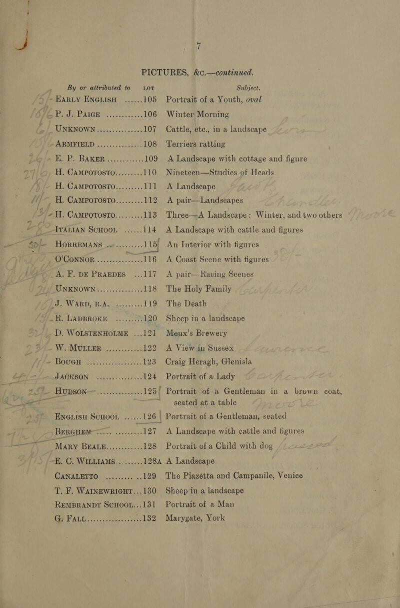 \ + /- EARLY ENGLISH ...... 105 lh Weereeet ASC ssc. os occ 106 Bee OME MOWN, (ick sess scene 107 ORMETBLD: «0c. 5.40: beh 108 H. CAMPOTOSTO......... 110 H. CAMPOTOSTO......... 111 H. CAMPOTOSTO......... 112 H. CAMPOTOSTO......... 113 ITALIAN SCHOOL ...... 114 HORREMANS wer........ 15] MECONNOR. ..)niy snes -2 &gt;&lt; i16 A. DE PRAEDES ...114 DON NOWIN « s0cah oes eass ce 118 SW ABD, Beles... 5:24: 119 pie GADBROKE | :...,.:2%% 120 D. WoLsTeNHOLME ...121 WN OD UL LE owen cases ve 122 BHOVIRIER? fy cts Coie hcoe ys 123 SACRBON © oo. ces vecceceee 124 HUDSON oo s..cccsecues 125 ENGLISH SCHOOL ...... 126 | BERGHEM™&lt;.... ......... 197 Mary PIMA LS os kes 128 E. C. WILLIAMS Wee 128A CANALBITO «..0scis0ss + 129 T. F. WAINEWRIGHT...130 eeerereeereeerensreeees Portrait of a Youth, oval Winter Morning Cattle, etc., in a landscape Terriers ratting Nineteen—Studies of Heads A Landscape A pair—Landscapes Three—A Landscape: Winter, and two others A Landscape with cattle and figures An Interior with figures A Coast Scene with figures A pair—Racing Scenes The Holy Family The Death Sheep in a landscape Meux’s Brewery A View in Sussex Craig Heragh, Glenisla Portrait of a Lady coat, seated at a table A Landscape with cattle and figures Portrait of a Child with dog A Landscape The Piazetta and Campanile, Venice Sheep in a landscape Portrait of a Man Marygate, York