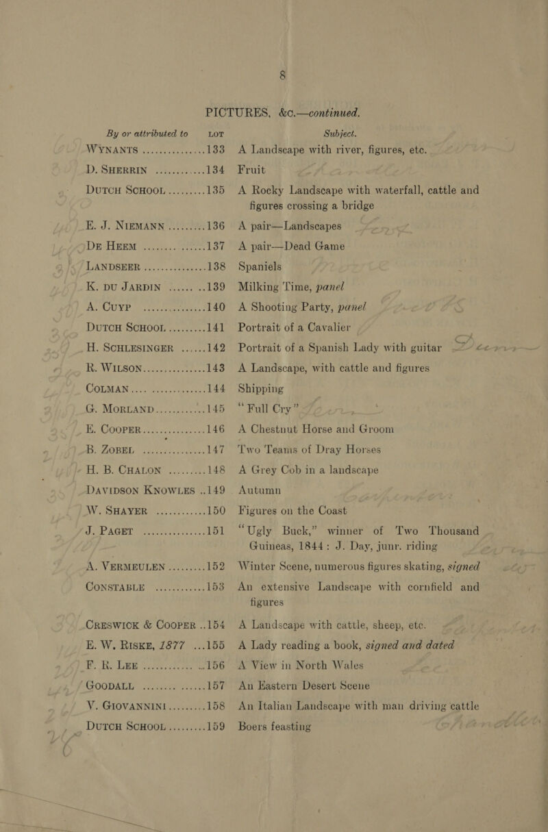 WI VNANTS ois adore 133 ). SHERRIN 74550-2060; 134 DUTCH SOHOOL ....,;.:. 135 E. J. NIEMANN ......... 136 Dr etiReM eee coe 137 LANDSEER 3... ..eeeice, 138 K, pU JARDIN 3....5 5. 139 BOUUYE aye aia 2 140 DutTcH SCHOOL ......... 141 H. SCHLESINGER ...... 142 Fe WILSON: may eee tee 143 COLMA Na? &lt;0 wh. S55 gees 144 (or MORBDAND Siz tone 145 AIGOPER ats... sean ee 146 Bb. ZOBEL aes pear ee 147 1,53. A HALIM), «9. - Jes 148 DAVIDSON KNOWLES ..149 MW PH Ae Rian. ees. oh 150 Dn AGT &lt; Or Ciccat ti: 151 A. VERMEULEN ......... 152 (SGNSTAGLE. “Nite. cata 153 CRESWICK &amp; COOPER ..154 E. W. RIskE, 1877 ...155 Hes Tks RaW. Sette aac naa 156 GOODALE? 2a dacs ste 157 V. GIOVANNINI......... 158 DUTCH SCHOOL......... 159 A Landseape with river, figures, etc. Fruit figures crossing a bridge A pair—Landscapes A pair—Dead Game Spaniels Milking Time, panel A Shooting Party, panel Portrait of a Cavalier Portrait of a Spanish Lady with guitar A Landscape, with cattle and figures Shipping “Full Cry ” A Chestnut Horse and Groom Two Teams of Dray Horses A Grey Cob in a landscape Figures on the Coast Guineas, 1844: J. Day, junr. riding figures A Landscape with cattle, sheep, ete. A View in North Wales An Eastern Desert Scene Boers feasting