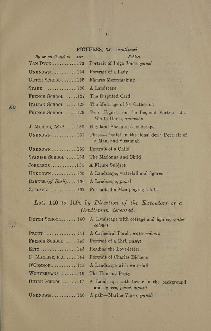 VAN DYOR Aarne: « 4: 123 UNENOWNe.e.sc0c. Nec. 124 DuTOH SCHOOL......... 125 PM Beis 950s oye teins. bss 126 FRENCH SCHOOL ...... 127 ITALIAN SCHOOL ...... 128 FRENCH SCHOOL ...... 129 J. Morris, 1889 ...... 130 UNKNOWN..........00008 131 UNKNOWN ............00: 132 SPANISH SCHOOL ...... 133 EOSSAMENE i3'eh epost eRe 134 PEEONOWN &lt;cacveiinscss.- 135 BARKER (of Bath)...... 136 ONEANN: cesene uy ins ja' 137 Portrait of Inigo Jones, panel Portrait of a Lady Figures Merrymaking A Landscape The Disputed Card The Marriage of St. Catherine Two—Figures on the Ice, and Portrait of a White Horse, unknown Highland Sheep in a landscape Three—Daniel in the lions’ den; Portrait of a Man, and Susannah Portrait of a Child The Madonna and Child A Figure Subject A Landscape, waterfall and figures A Landscape, panel Portrait of a Man playing a lute DUTCH SCHOOL......... 140 PON cc ncter cay oon es 141 FRENCH SCHOOL ... .. 142 MEI weirs uote Wie. ves 143 D, MAGHSH CRA. i221 44 EY OONNO Rasa * cee eae 145 WOUVERMANS ......... 146 DuTCH SCHOOL ......... 147 WEE NOW Nee. cok bess nea 148 A Landscape with cottage and figures, water- colours A Cathedral Porch, water-colours Portrait of a Girl, pastel Reading the Love-letter Portrait of Charles Dickens A Landscape with waterfall The Hunting Party A Landscape with tower in the background and figures, panel, signed A pair—Marine Views, panels