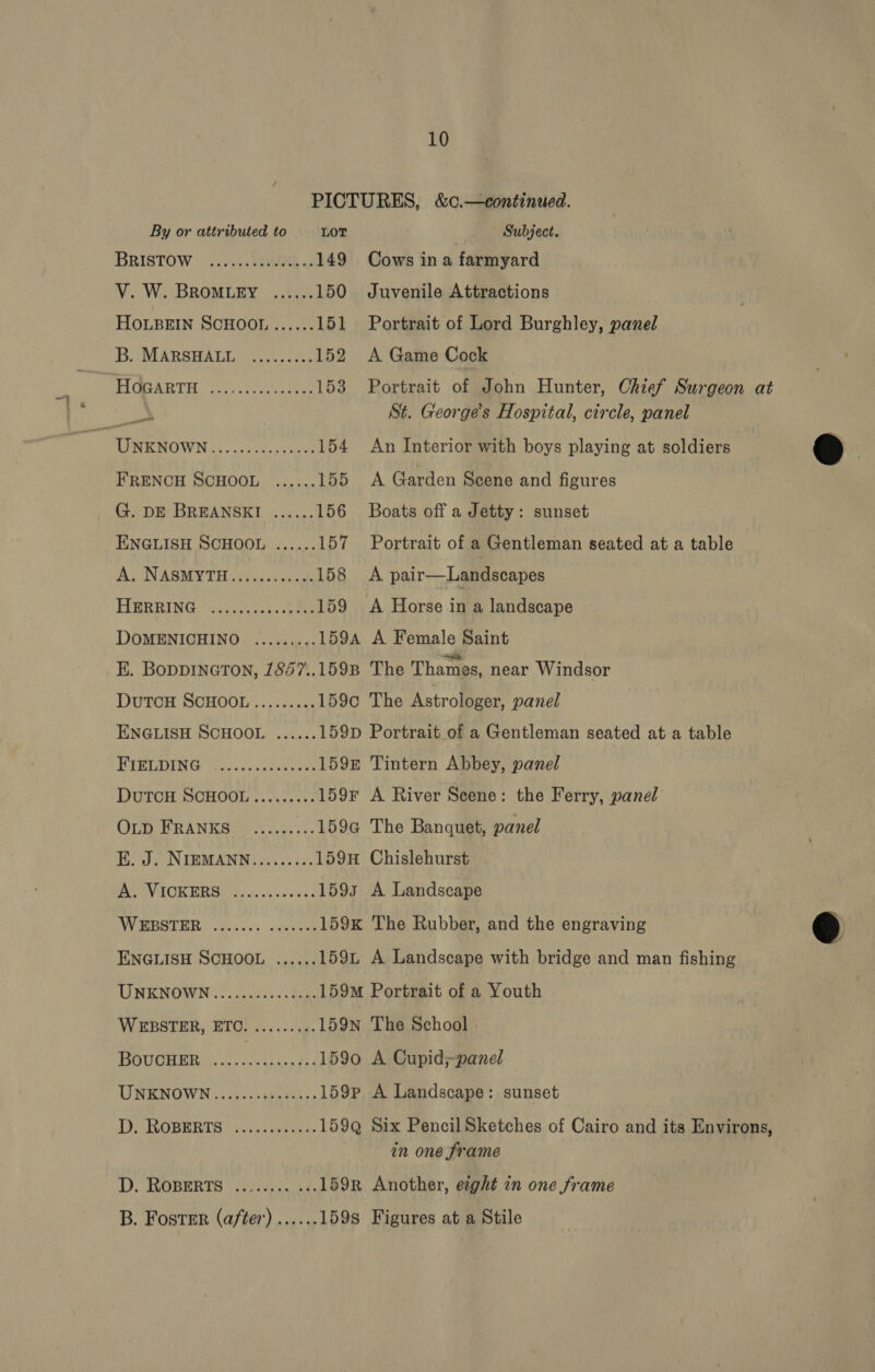 PICTURES, &amp;c.—continued. By or attributed to LOT Subject. BRISTOW ..35:.0oR SS 149 Cows ina farmyard V. W. BROMLEY ...... 150 Juvenile Attractions HOLBEIN SCHOOL ...... 151 Portrait of Lord Burghley, panel B. MARSHALL ......... 152 A Game Cock ROARTH oe sce 153 Portrait of John Hunter, Chief Surgeon at pei St. Georges Hospital, circle, panel ? IR RROW Nis. i&gt;) Beecher 154 An Interior with boys playing at soldiers FRENCH SCHOOL ...... 155 &lt;A Garden Scene and figures G. DE BREANSKI ...... 156 Boats off a Jetty: sunset ENGLISH SCHOOL ...... 157 Portrait of a Gentleman seated at a table Ap UN ABME TH ivec cree 158 A pair—Landscapes HERRING. Git nas eee 159 A Horse in a landscape DOMENICHINO ......... 159A A Female Saint E. BoDDINGTON, 1857..159B The Thames, near Windsor DUTCH SCHOOL......... 159c The Astrologer, panel ENGLISH SCHOOL ...... 159D Portrait of a Gentleman seated at a table BIPM alow sdcoen san 159 Tintern Abbey, panel DuTCH SCHOOL ......... 159F A River Scene: the Ferry, panel COUR A NEKBITO. oie aes 159a The Banquet, panel EK. J. NIEMANN......... 159H Chislehurst A, VIOKERS) seg. cecde'nee 1593 A Landscape EBB isc; yaaa 159K The Rubber, and the engraving ENGLISH SCHOOL ...... 159i A Landscape with bridge and man fishing UNKNOWN......-.0.ee00: 159M Portrait of a Youth WEBSTER; RIO! 2... du, 159N The School TOUGHER Wh cs san dyads 1590 A Cupid;-panel UNENOWN 3.505. s0ein00&gt; 159p A Landscape: sunset D. ROBERTS ........... 159Q Six Pencil Sketches of Cairo and its Environs, in one frame D, RROPERTS © 0) soci. ads 159R Another, eight zn one frame B. Foster (after) ...... 159s Figures at a Stile