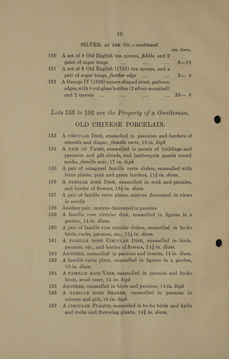 SILVER, AT PER Oz.—continued. ozs. dwts. 150 A set of 8 Old English tea spoons, fiddle, and 2 pairs of sugar tongs ; ozs aninewe] O 151 <A set of 6 Old English (1739) tea spoons, and a pair of sugar tongs, feather edge... 3— 9 152 A George IV (1826) square-shaped cruet, eatson edges, with 8 cut-glass bottles (2 silver-mounted) and 2 spoons ... is 4 ... d3— 8 Lots 153 to 192 are the Property of a Gentleman. OLD CHINESE PORCELAIN. 153 A CIRCULAR DISH, enamelled in paeonies and borders of utensils and diaper, /amille verte, 13in. high 154 A PAIR OF VASES, enamelled in panels of buildings and paeonies and gilt clouds, and lambrequin panels round necks, famille noir, 17 in. high 155 A pair of octagonal famille verte dishes, enamelled with lotus plants, pink and green borders, 1147. diam. 156 A FAMILLE ROSE DISH, enamelled in cock and ponies, and border of flowers, 134 in. diam. 157 A pair of famille verte plates, centres decorated in views in scrolls 158 Another pair, centres decorated in ponies 159 A famille rose circular dish, enamelled in figures in a garden, 1472n. diam. 160 A pair of famille rose circular dishes, enamelled in ho-ho birds, rocks, pzeonies, etc., 124 7n. diam. 161 A FAMILLE ROSE CIRCULAR DISH, enamelled in birds, ponies, etc., and border of flowers, 1447%n. diam. 162 ANOTHER, enamelled in ponies and insects, 142. diam. 163 A famille verte plate, enamelled in figures in a garden, 10 in. diam. 164 A FAMILLE ROSE VASE, enamelled in pzonies and ho-ho birds, wood cover, 14 in. high 165 ANOTHER, enamelled in birds and peonies, 1422. high 166 A FAMILLE ROSE BEAKER, enamelled in ponies in colours and gilt, 18 72. high 167 A CIRCULAR PLAQUE, enamelled in ho-ho birds and kylin and rocks and flowering plants, 142 in. diam.