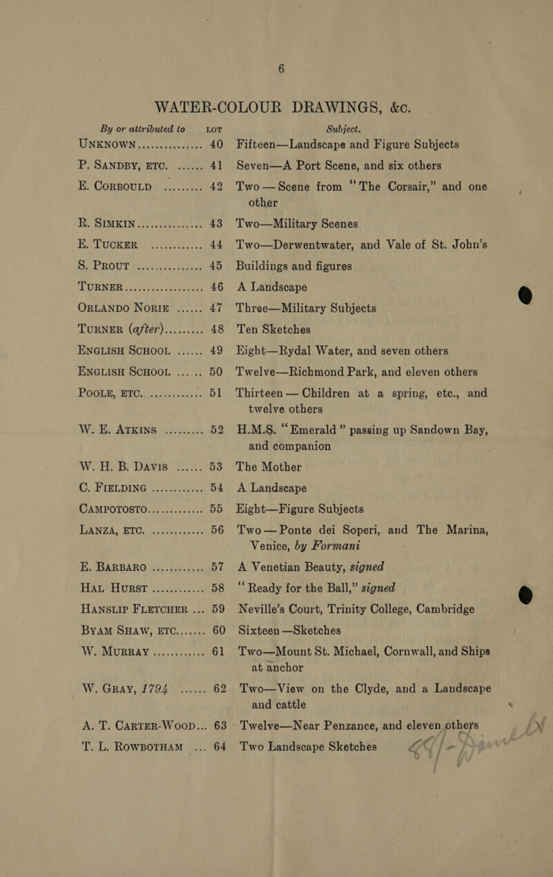 By or attributed to LOT LINK NOWN cis aces 40 P, SANDBY, ETC. ...... 4] EH CORBOULD.) cusses 42 Tia SEMIN ts ake hay at 43 EWLOCKER |. iets ces 44 RU ROUT Me ratiess cniydk 45 IENER AS tasers 46 ORLANDO NORIE ...... 47 TURNER (a/ter)......... ENGLISH SCHOOL eeeeee ENGLISH SCHOOL eee ee ROGUB WICC cs dak hiss 51 W. E. ATKINS OY Te 3S) ARS Cee es 53 LS .PERLDING «wees cs 54 CAMPOTOSTO..........+4 55 RA, BUG alert ace 56 HADARBARO if tae wdia 57 EVAIELURST es yee 58 HANSLIP FLETCHER ... 59 BYAM SHAW, ETC....... WORM URTAY. s.; «ots och dt WAGRAY, 27922044. 62 A. T. CARTER-Woop... 63 T. L. RowBoTHAM 64 Subject. Fifteen—Landscape and Figure Subjects Two —Scene from “The Corsair,” and one other Two—Military Scenes Two—Derwentwater, and Vale of St. John’s Buildings and figures A Landscape Three—Military Subjects Ten Sketches Eight—Rydal Water, and seven others Twelve—Richmond Park, and eleven others Thirteen — Children at a spring, etc., and twelve others H.M.S. “Emerald ” passing up Sandown Bay, and companion The Mother A Landscape Eight—Figure Subjects Two— Ponte dei Soperi, and The Marina, Venice, by Formant A Venetian Beauty, stgned “Ready for the Ball,” signed Neville’s Court, Trinity College, Cambridge Sixteen —Sketches Two—Mount St. Michael, Cornwall, and Ships at anchor Two—View on the Clyde, and a Landscape and cattle se | Two Landscape Sketches LLY J