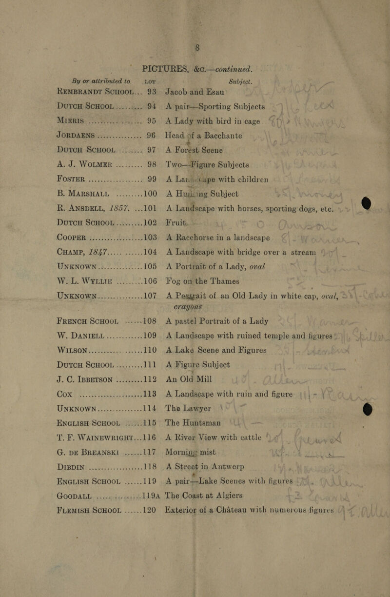 PICTURES, &amp;¢.—continued. By or attributed to LOY Subject. REMBRANDT ScHooL... 93. Jacob and Esau DuTCH SCHOOL ......... 94 A pair—Sporting Subjects MiSRIE. Set. 95 A Lady with bird in cage JORDABNS vss ie. ses. cose 96 Head of a Bacchante DutcH SCHOOL ....... 97 A Forest Scene AJ. WOLMER 20.1.0... 98 Two—Figure Subjects EORTME: Moi e es 99 A Lan .¢upe with children B. MARSHALL ......... 100 A Hyatt Subject R. ANSDELL, 7857. ...101 A Landscape with horses, sporting dogs, ete. : DuTCH SCHOOL......... 102 Fruit. | Coopehryidt aeak Ss 103 A Racehorse in a landscape CHAMP, 1847.....0.5.... 104 A Landscape with bridge over a stream UNENOWN 20.0.0. 008. 105 &lt;A Portrait of a Lady, oval Wael. Wate oe: 106 Fog on the Thames UNKNOWN... 10%. : A Pagina an. Oldsbady in-wittaoany oun crayons FRENCH SCHOOL ..-.-- 108 A pastel Portrait of a Lady WV, DANTBLE &lt;. 0.02208 109. A Landscape with ruined temple and figures * WATSON, Aieikget. ahs 8 110 A Lake Scene and Figures DUTCH SCHOOL......... 111 A Figure Subject J. C. IBBETSON .......-. 112 An Old Mill : (CORRE Caer ee Fyne 113 A Landseape with ruin and figure UNKNOWN..... eae 114 The Lawyer ENGLISH SCHOOL ...... 115 The Huntsman T. F. Warnewricut...116 A River View with cattle ‘ od G. DE BREANSKL ...... 117 Morning mist ty Tit Maw ody 8 ee TBO INA cide. i catia 118 _A Street in Antwerp ENGLISH SCHOOL ......119 A pai Palale Scenes with figures GOODABD ¢ 44 nhay ceriil 119A The Coast at Algiers FLEMISH SCHOOL ...... 120 Exterior of a Chateau with numerous figures