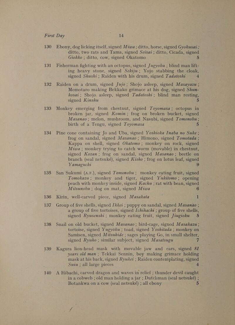 130 131 133 134 135 136 137 138 139 140 Ebony, dog licking itself, signed Miwa ; ditto, horse, signed Gyokusat ; ditto, two rats and Tama, signed Sezsaz ; ditto, Cicada, signed Giokko ; ditto, cow, signed Okatomo 5 Fisherman fighting with an octopus, signed Jugyoku ; blind man lift- ing heavy stone, signed Sekwu; Yojo stabbing the cloak, signed Shushi ; Raiden with his drum, signed Tadatoshi 4 Raiden on a drum, signed Jwjo; Shojo asleep, signed Masayazu ; Momotaro making Bekkako grimace at his dog, signed Shun- kosat; Shojo. asleep, signed YTadatoshi; blind man resting, signed Kinshu 5 Monkey emerging from chestnut, signed Toyomasa ; octopus in broken jar, signed Komin; frog on broken bucket, signed Masanao; melon, mushroom, and Nasubi, signed Tomonobu ; birth of a Tengu, signed Toyomasa 5 Pine cone containing Jo and Uba, signed Yoshioka Inaba no Suke ; frog on sandal, signed Masanao ; Himono, signed Tomotada ; Kappa on shell, signed Okatomo ; monkey on rock, signed Miwa ; monkey trying to catch worm (movable) in chestnut, signed Kozan ; frog on sandal, signed Masanao; beetle on branch (seal netsuké), signed Kisho ; frog on lotus leaf, signed Yamaguchi 9 San Sukumi (A.F.), signed Tomonobu ; monkey eating fruit, signed Tomokazu ; monkey and tiger, signed Yukitomo ; opening peach with monkey inside, signed Kachu ; rat with bean, signed Mitsunobu ; dog on mat, signed Miwa 6 Kirin, well-carved piece, signed Masakata 1 Group of five shells, signed [kker ; puppy on sandal, signed Masanao ; a group of five tortoises, signed Ichthachs ; group of five shells, signed Ryusenshi ; monkey eating fruit, signed Jiugioku 5 Snail on old bucket, signed Masanao ; bird-cage, signed Masakazu ; tortoise, signed Yugydku ; toad, signed Yoshitada ; monkey on Samisen, signed Mitsuhide ; sages playing Go, in small shelter, signed Ryuho ; similar subject, signed Masatsugu 4 Kagura lion-head mask with movable jaw and ears, signed 81 years old man ; Tekkai Sennin, boy making grimace holding mask at his back, signed Ryuker ; Raiden contemplating, signed Suiu ; all large pieces 4 A Hibachi, carved dragon and waves in relief ; thunder devil caught in a cobweb ; old man holding a jar ; Dutchman (seal netsuké) ; Botankwa on a cow (seal netsuké) ; all ebony