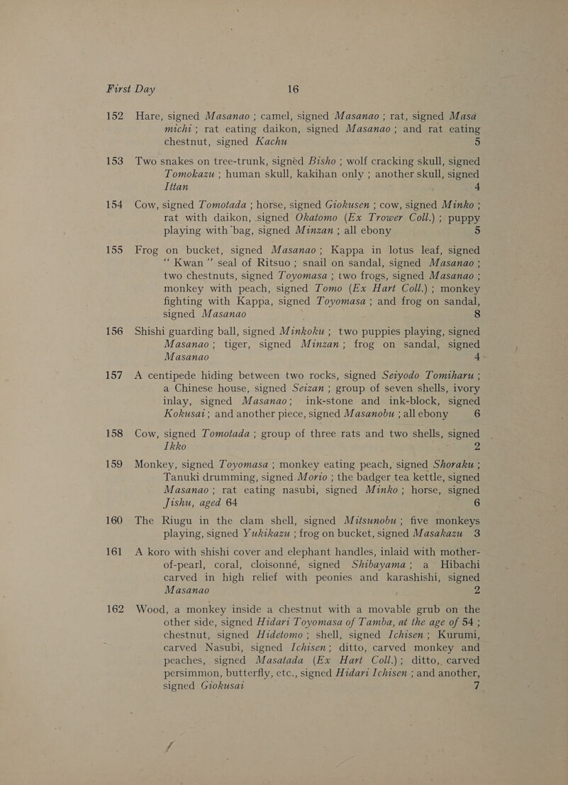 152 153 154 155 156 157 158 159 160 161 162 Hare, signed Masanao ; camel, signed Masanao ; rat, signed Masa micht ; rat eating daikon, signed Masanao ; and rat eating chestnut, signed Kachu 5 Two snakes on tree-trunk, signed Bisho ; wolf cracking skull, signed Tomokazu ; human skull, kakihan only ; another skull, signed Ittan + Cow, signed Tomotada ; horse, signed Giokusen ; cow, signed Minko ; rat with daikon, signed Okatomo (Ex Trower Coll.) ; puppy playing with bag, signed Minzan ; all ebony 5 Frog on bucket, signed Masanao; Kappa in lotus leaf, signed “ Kwan ”’ seal of Ritsuo ; snail on sandal, signed Masanao ; two chestnuts, signed Toyomasa ; two frogs, signed Masanao ; monkey with peach, signed Tomo (Ex Hart Coll.) ; monkey fighting with Kappa, signed Toyomasa ; and frog on sandal, signed Masanao 8 Shishi guarding ball, signed Minkoku ; two puppies playing, signed Masanao ; tiger, signed Minzan; frog on sandal, signed Masanao 4 A centipede hiding between two rocks, signed Sevyodo Tomtharu ; a Chinese house, signed Sezzan ; group of seven shells, ivory inlay, signed Masanao; ink-stone and ink-block, signed Kokusai; and another piece, signed Masanobu ; all ebony 6 Cow, signed Tomotada ; group of three rats and two shells, signed Ikko 2 Monkey, signed Toyomasa ; monkey eating peach, signed Shoraku ; Tanuki drumming, signed. Morzo ; the badger tea kettle, signed Masanao ; rat eating nasubi, signed Minko ; horse, signed Jishu, aged 64 ages The Riugu in the clam shell, signed Mitsunobu; five monkeys playing, signed Yukikazu ; frog on bucket, signed Masakazu 3 A koro with shishi cover and elephant handles, inlaid with mother- of-pearl, coral, cloisonné, signed Shibayama; a _ Hibachi carved in high relief with peonies and karashishi, signed Masanao 2 Wood, a monkey inside a chestnut with a movable grub on the other side, signed Hidar1t Toyomasa of Tamba, at the age of 54 ; chestnut, signed Hzidetomo ; shell, signed Ichisen; Kurumi, carved Nasubi, signed IJchisen; ditto, carved monkey and peaches, signed Masatada (Ex Hart Coll.); ditto, carved persimmon, butterfly, etc., signed Hidari Ichisen ; and another, signed Giokusat 7