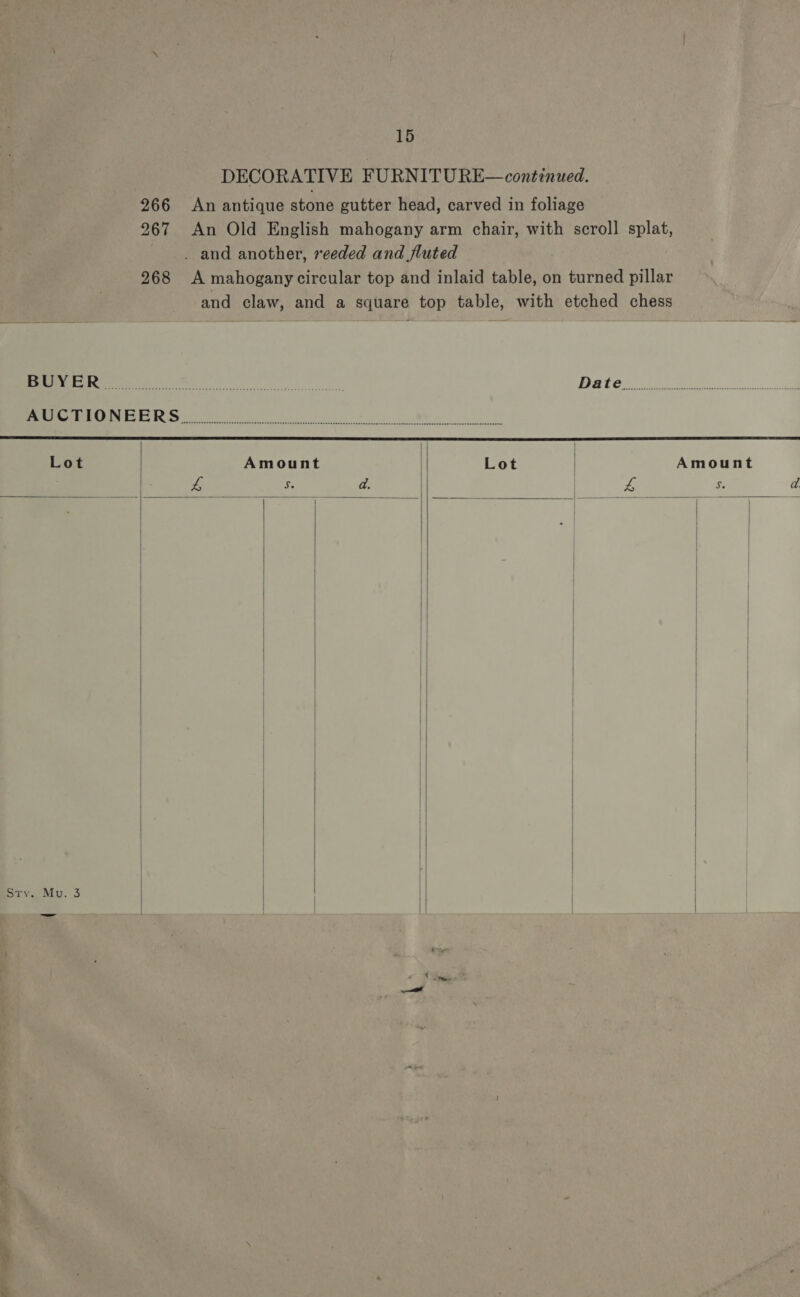DECORATIVE FURNITURE—continued. 266 An antique stone gutter head, carved in foliage 967 An Old English mahogany arm chair, with scroll splat, _ and another, reeded and fluted 268 A mahogany circular top and inlaid table, on turned pillar and claw, and a square top table, with etched chess  Ee ee EG LS Oh. 2 2 SS SUE Ede ada A, 2 Lot Amount | Lot | Amount ine s. d. | a 5 d       sry. Mu. 3       _—