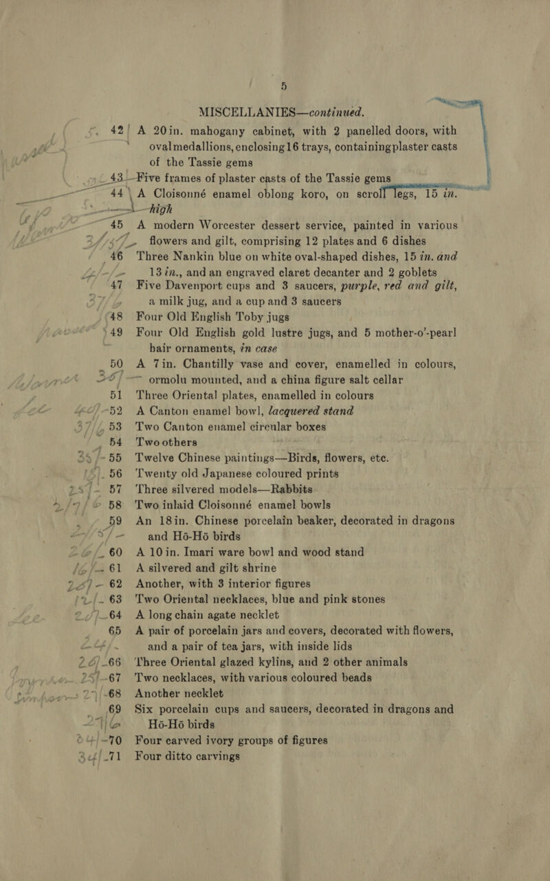 Nie MISCELLANIES—continued. 42° A 20in. mahogany cabinet, with 2 panelled doors, with oval medallions, enclosing 16 trays, containing plaster casts of the Tassie gems __ 43 Five frames of plaster casts of the Tassie gems Bee pestacnase VY) \A Cloisonné enamel oblong koro, on scrolf legs, 15 i. — —high 45 W modern Worcester dessert service, painted in various iP flowers and gilt, comprising 12 plates and 6 dishes 46 Three Nankin blue on white oval-shaped dishes, 15 7n. and -/ we 13 zn., and an engraved claret decanter and 2 goblets 47 Five Davenport cups and 3 saucers, purple, red and gilt, , a milk jug, and a cup and 3 saucers 48 Four Old English Toby jugs °49 Four Old English gold lustre jugs, and 5 mother-o’-pear| hair ornaments, 7” case 50 &lt;A Tin. Chantilly vase and cover, enamelled in colours, © —= ormolu mounted, and a china figure salt cellar 51 Three Oriental plates, enamelled in colours / 52 A Canton enamel bowl, lacquered stand 53 Two Canton enamel circular boxes _ 54 Twoothers ) »5 55 Twelve Chinese paintings—Birds, flowers, etc. '&lt;) 56 Twenty old Japanese coloured prints i 57 ‘Three silvered models—Rabbits © 58 Two inlaid Cloisonné enamel bowls 59 An 18in. Chinese porcelain beaker, decorated in dragons ‘/-— and H6-H6 birds _-&lt;e/,60 A 10in. Imari ware bow] and wood stand /,- 61 A silvered and gilt shrine 2.4) - 62 Another, with 3 interior figures »_/. 63 Two Oriental necklaces, blue and pink stones ).64 A long chain agate necklet 65 A pair of porcelain jars and covers, decorated with flowers, o&gt; tag and a pair of tea jars, with inside lids Ié Bb) 66 Three Oriental glazed kylins, and 2 other animals 25/..67 Two necklaces, with various coloured beads wi &lt; &gt; .68 Another necklet 7 ) 69 Six porcelain cups and saucers, decorated in dragons and ~“\\(@ — H6-H6 birds 0 Four carved ivory groups of figures Sef/.71 Four ditto carvings  —