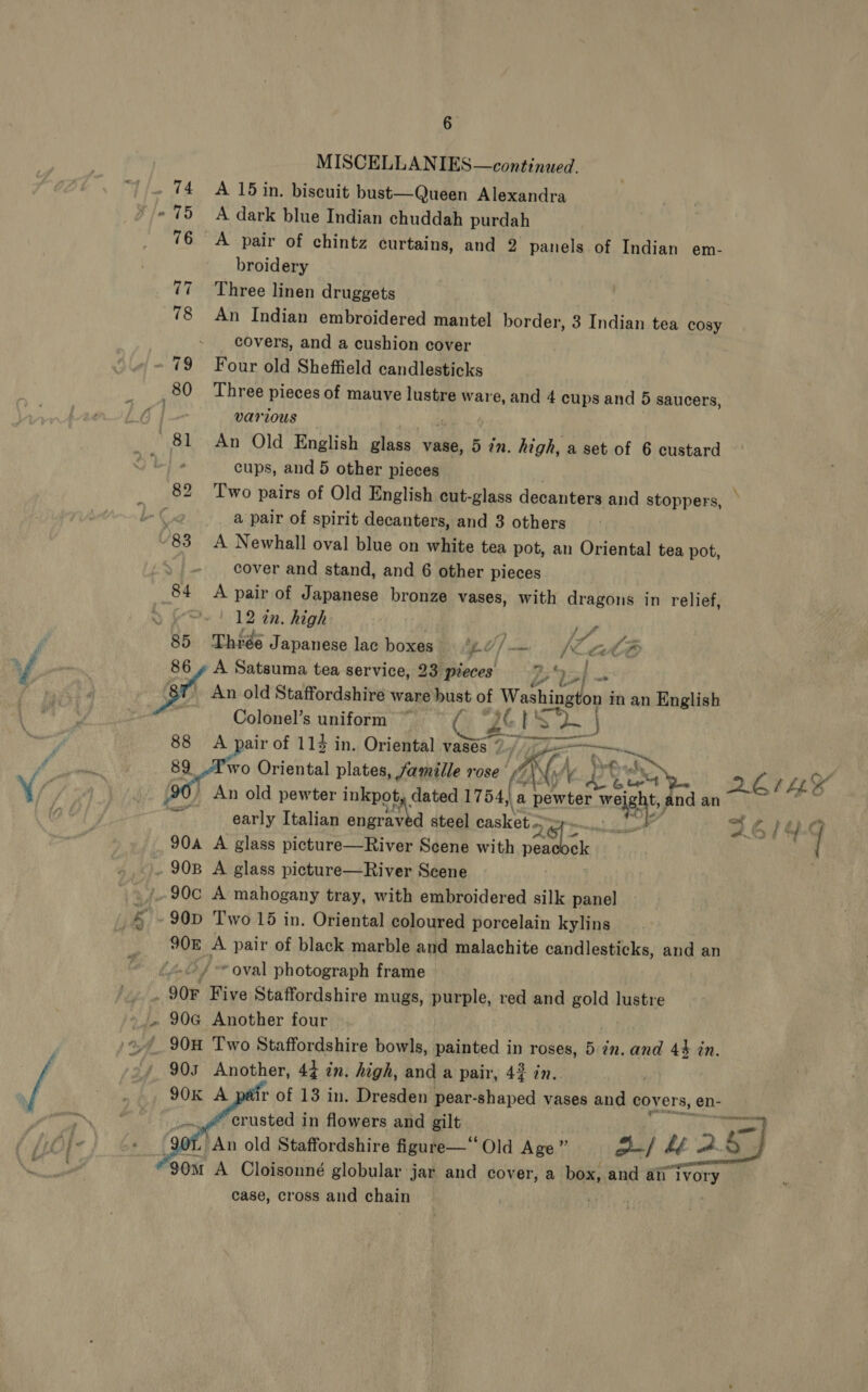 MISCELLANIES—continued. - 74 A 15 in. biscuit bust—Queen Alexandra » 75 A dark blue Indian chuddah purdah 76 A pair of chintz curtains, and 2 panels of Indian em- broidery 77 Three linen druggets 78 An Indian embroidered mantel border, 3 Indian tea cosy covers, and a cushion cover 79 Four old Sheffield candlesticks 80 Three pieces of mauve lustre war e, and 4 cups and 5 saucers, i] various . 81 An Old English ps vase, 5 in. high, a set of 6 custard : cups, and 5 other pieces 82 Two pairs of Old English cut-glass decanters and stoppers, C, a pair of spirit decanters, and 3 others ~83 A Newhall oval blue on white tea pot, an Oriental tea pot, cover and stand, and 6 other pieces 84 &lt;A pair of Japanese bronze vases, with dragons in relief, 12 in. high | 85 Thrée Japanese lac boxes _ “| NW cat a A Satsuma tea service, 23 pieces Pr fs vA An old Staffordshire ware oust of Washington i in an English Colonel’s uniform ~ pk hp 88 A pair of 113 in. Oriental eases 9 Tame gt Oriental plates, famille rose Ki Ko Boho - 26) “Ux An old pewter inkpot dated 1754, a Wyre ah d an | oe early Italian engraved steel casket CE 2 90a A glass picture—River Scene with pea ek . 908 A glass picture—River Scene »/90c A mahogany tray, with embroidered silk panel 4 -90D Two 15 in. Oriental coloured porcelain kylins 908 A pair of black marble and malachite candlesticks, and an /-© 4 oval photograph frame ... 90F Five Staffordshire mugs, purple, red and gold lustre &gt;. 90G Another four | 4 90H Two Staffordshire bowls, painted in roses, 5. in.and 4% in. 903 Another, 44 in. high, and a pair, 42 in. : 90K A péir of 13 in. Dresden pear-shaped vases and covers, en- “ crusted in flowers and gilt —90T An old Staffordshire figure— Old Age ” 3/ bg A. eo 90m A Cloisonné globular jar and cover, a box, and air ‘Ivory case, cross and chain os &gt; ¥    