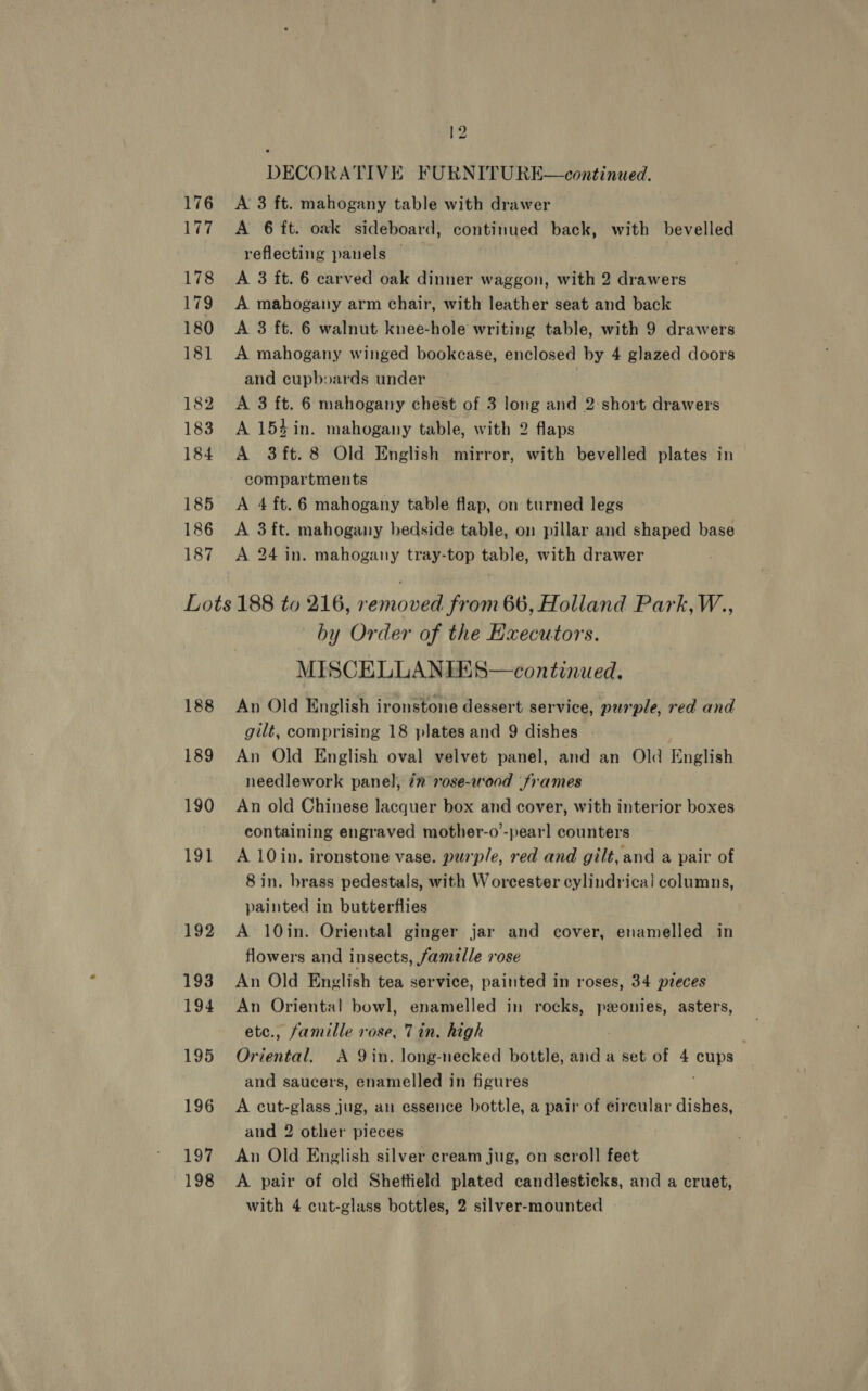 176 177 178 179 180 181 182 183 184 185 186 187 12 DECORATIVE FURNITURE—continued. A 3 ft. mahogany table with drawer A 6 ft. oak sideboard, continued back, with bevelled reflecting panels — A 3 ft. 6 carved oak dinner waggon, with 2 drawers A mahogany arm chair, with leather seat and back A 3 ft. 6 walnut knee-hole writing table, with 9 drawers A mahogany winged bookcase, enclosed by 4 glazed doors and cupboards under A 3 ft. 6 mahogany chest of 3 long and 2-short drawers A 154 in. mahogany table, with 2 flaps A 3ft.8 Old English mirror, with bevelled plates in compartments A 4 ft. 6 mahogany table flap, on turned legs A 3ft. mahogany bedside table, on pillar and shaped base A 24 in. mahogany tray-top table, with drawer 188 189 190 191 192 193 194 195 196 197 198 by Order of the Executors. MISCELLANLIES—continued, An Old English ironstone dessert service, paurple, red and gilt, comprising 18 plates and 9 dishes An Old English oval velvet panel, and an Old English needlework panel, 7” rose-wood frames An old Chinese lacquer box and cover, with interior boxes containing engraved mother-o’-pearl counters A 10 in. ironstone vase. purple, red and gilt, and a pair of 8 in. brass pedestals, with Worcester cylindrical columns, painted in butterflies A 10in. Oriental ginger jar and cover, enamelled in flowers and insects, famille rose An Old English tea service, painted in roses, 34 preces An Oriental bowl, enamelled in rocks, peeonies, asters, ete., famille rose, Tin. high , Oriental. A Q9in. long-necked bottle, and a set of 4 cups and saucers, enamelled in figures A cut-glass jug, an essence bottle, a pair of circular dishes, and 2 other pieces An Old English silver cream jug, on scroll feet A pair of old Shettield plated candlesticks, and a cruet, with 4 cut-glass bottles, 2 silver-mounted