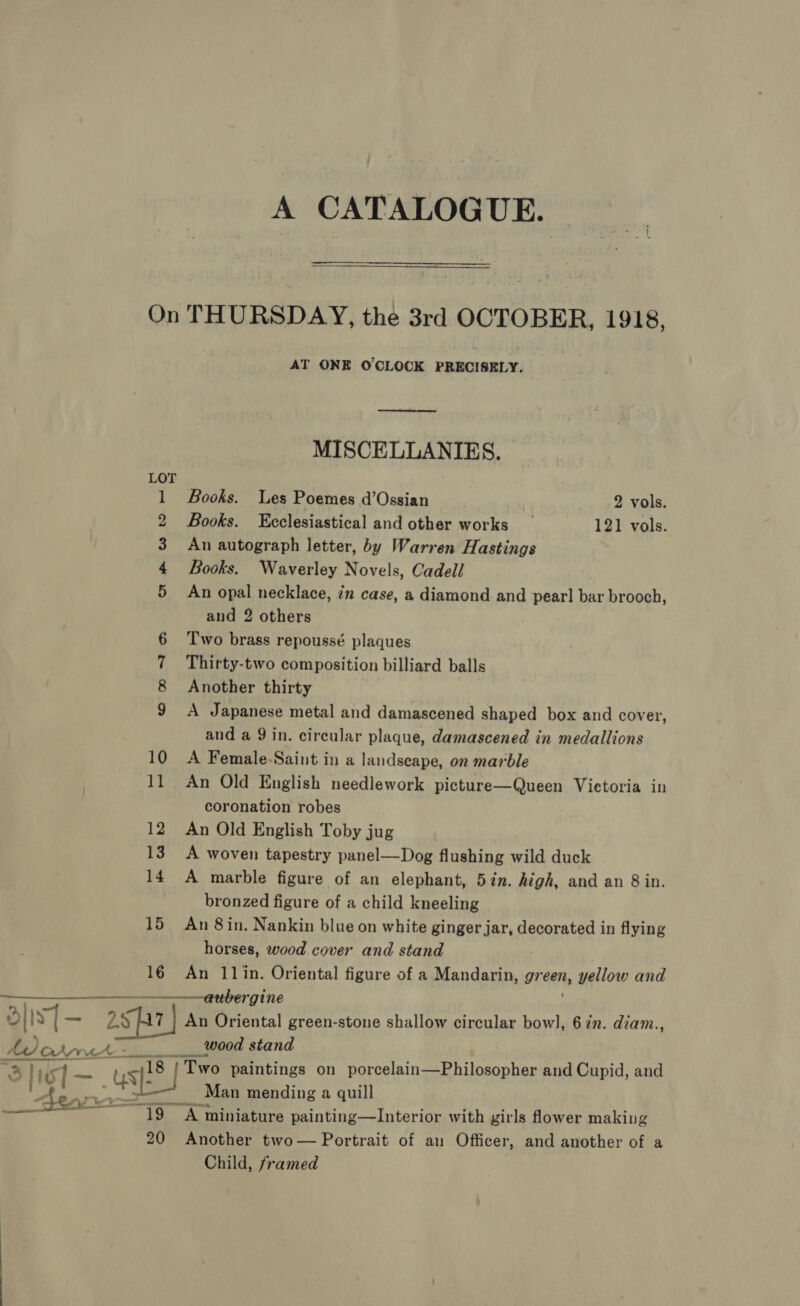 A CATALOGUE. On THURSDAY, the 3rd Lipper ty 1918, AT ONE O'CLOCK PRECISELY. oe eee MISCELLANIES. 0 1 Books. Les Poemes d’Ossian ) 2 vols. 2 Books. Ecclesiastical and other works — 121 vols. 3 An autograph letter, by Warren Hastings 4 Books. Waverley Novels, Cadell 5 An opal necklace, én case, a diamond and pearl bar brooch, and 2 others 6 Two brass repoussé plaques 7 Thirty-two composition billiard balls 8 Another thirty 9 A Japanese metal and damascened shaped box and cover, and a 9 in. circular plaque, damascened in medallions 10 A Female-Saint in a landscape, on marble 11 An Old English needlework picture—Queen Victoria in coronation robes 12 An Old English Toby jug 13° A woven tapestry panel—Dog flushing wild duck 14 A marble figure of an elephant, 5in. high, and an 8 in. bronzed figure of a child kneeling 15 An 8in. Nankin blue on white ginger jar, decorated in flying horses, wood cover and stand 16 An 11in. Oriental figure of a Mandarin, green, wngllon and $$ $___—_——_—-—--—arber gine 9) Thy — 29 a | An Oriental green-stone shallow circular bow], 6 ¢n. diam., Hd laden at wood stand | Tis ; ee us J 1 Two paintings on poreelain Philosopher and Cupid, and Man mending a quill RY miniature painting—lInterior with girls flower making 20 Another two— Portrait of an Officer, and another of a Child, framed ps dh ita ee