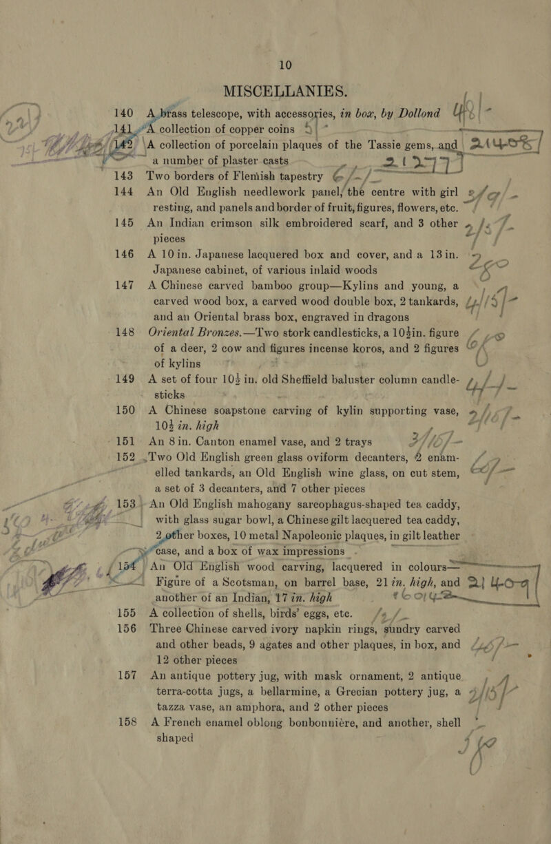  MISCELLANIKES. 140 A.bfass telescope, with accessories, in box, by Dollond uh AY OER a LAD es collection of copper coins Hi . RO Ra De Se Mi sill 2, \A collection of porcelain plaques of the Passe gems, and | AAUYOS, / ~~ a number of plaster casts sana i aL 143. Two borders of Flemish tapestry ey, f- vi pau 144 An Old English needlework panel; ‘the pete with girl 2 od oy resting, and panels and border of fruit, figures, flowers, etc. 145 An Indian crimson silk embroidered scarf, and 3 other » /s~/ ae pieces of fe 146 A 10in. Japanese lacquered box and cover, anda 13in. 9 Japanese cabinet, of various inlaid woods at he 147 A Chinese carved bamboo group—Kylins and young, a carved wood box, a carved wood double box, 2 tankards, / 5 fr and an Oriental brass box, engraved in dragons } 4 148 Oriental Bronzes.—Two stork candlesticks, a 10$in. figure “ » of a deer, 2 cow and figures 1 incense koros, and 2 figures OK r. of kylins | oa 149 A set of four 104 in. old Sheffield baluster column candle- “i hide sticks eA, 150 &lt;A Chinese soapstone carving of kylin supporting vase, « yj af 104 in. high Ap er thas’ ph | - 151. An 8in. Canton enamel vase, and 2 trays 37 /é /- 152 .Two Old English green glass oviform decanters, 8 dnhin- J fa nil elled tankards, an Old English wine glass, on cut stem, ctf — a set of 3 decanters, and 7 other pieces Go th 153. An Old English mahogany sarcophagus-shaped tea caddy, 4 waft | with glass sugar bowl, a Chinese gilt lacquered tea caddy, . ji ; 2 er boxes, 10 metal Napoleonic plaques, in n gilt leather uP “ypcase, and a box of wax impressions 15 An Old English wood carving, lacquered in colours °° 7 a, Figure of a Scotsman, on barrel base, 21 in. high, and 2) O74 another of an Indian, £7 zn. hegh (cor Ga 155 A collection of shells, birds’ eggs, etc. /3_/ 156 Three Chinese carved ivory napkin rings, sundry carved and other beads, 9 agates and other plaques, in box, and /y \ fim 12 other pieces { 9 157 An antique pottery jug, with mask ornament, 2 antique , terra-cotta jugs, a bellarmine, a Grecian pottery jug, a « If tazza vase, an amphora, and 2 other pieces dae 158 A French enamel oblong bonbonniére, and another, shell shaped 47 ,. 
