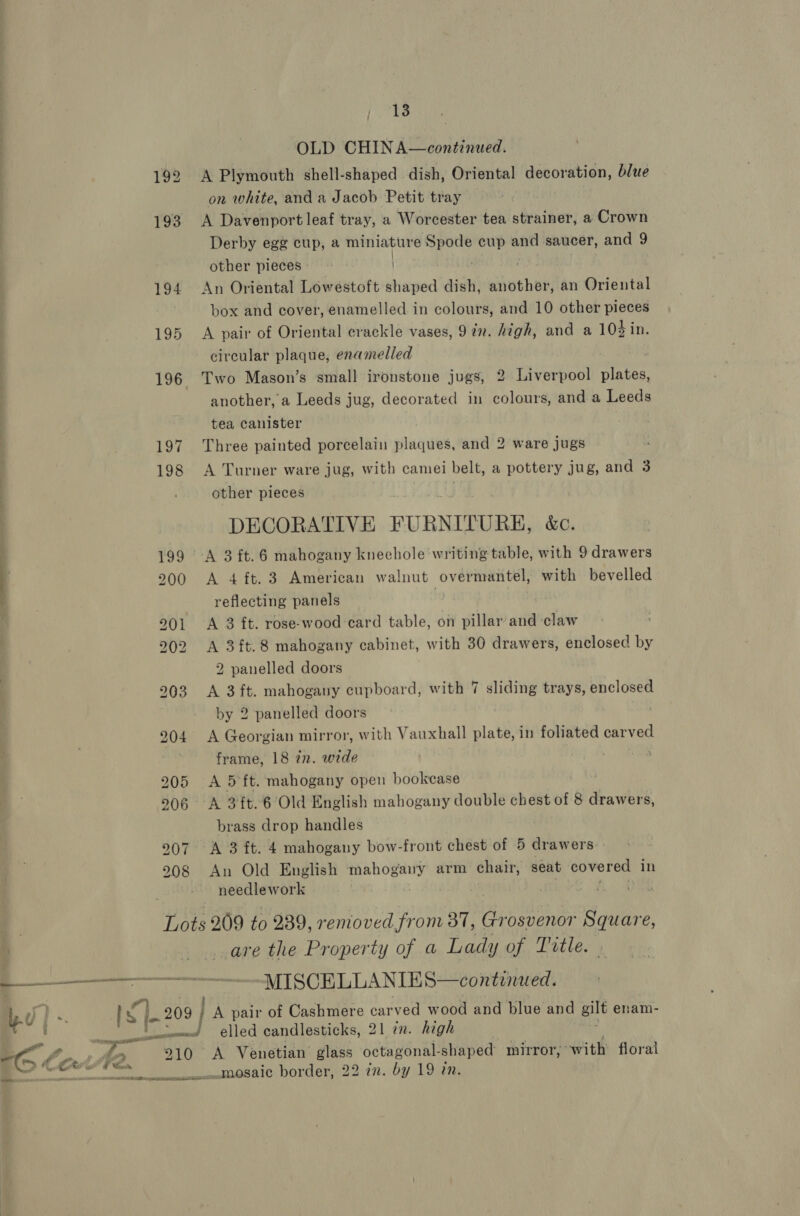 OLD CHINA—continued. A Plymouth shell-shaped dish, Oriental decoration, blue on white, and a Jacob Petit tray A Davenport leaf tray, a Worcester tea strainer, a Crown Derby egg cup, a miniature Spode cup and saucer, and 9 other pieces - | An Oriental Lowestoft shaped dish, another, an Oriental box and cover, enamelled in colours, and 10 other pieces A pair of Oriental crackle vases, 9 in. high, and a 104 in. circular plaque, enamelled Two Mason’s small ironstone jugs, 2 Liverpool plates, another, a Leeds jug, decorated in colours, and a Leeds tea canister Three painted porcelain plaques, and 2 ware jugs A Turner ware jug, with camel belt, a pottery jug, and 3 other pieces DECORATIVE FURNITURE, &amp;c. A 3 ft.6 mahogany kneehole writing table, with 9 drawers A 4 ft. 3 American walnut overmantel, with bevelled reflecting panels | | A 3 ft. rose-wood card table, on pillar and claw A 3ft.8 mahogany cabinet, with 30 drawers, enclosed by 2 panelled doors A 3ft. mahogany cupboard, with 7 sliding trays, enclosed by 2 panelled doors A Georgian mirror, with Vauxhall plate, in foliated carved frame, 18 in. wide oe A 5 ft. mahogany open bookcase brass drop handles A 3 ft. 4 mahogany bow-front chest of 5 drawers. An Old English mahogany arm chair, seat covered in needlework | are the Property of a Lady of Title. MISCELLANIES—continued. elled candlesticks, 21 in. high _mosaic border, 22 in. by 19 in.