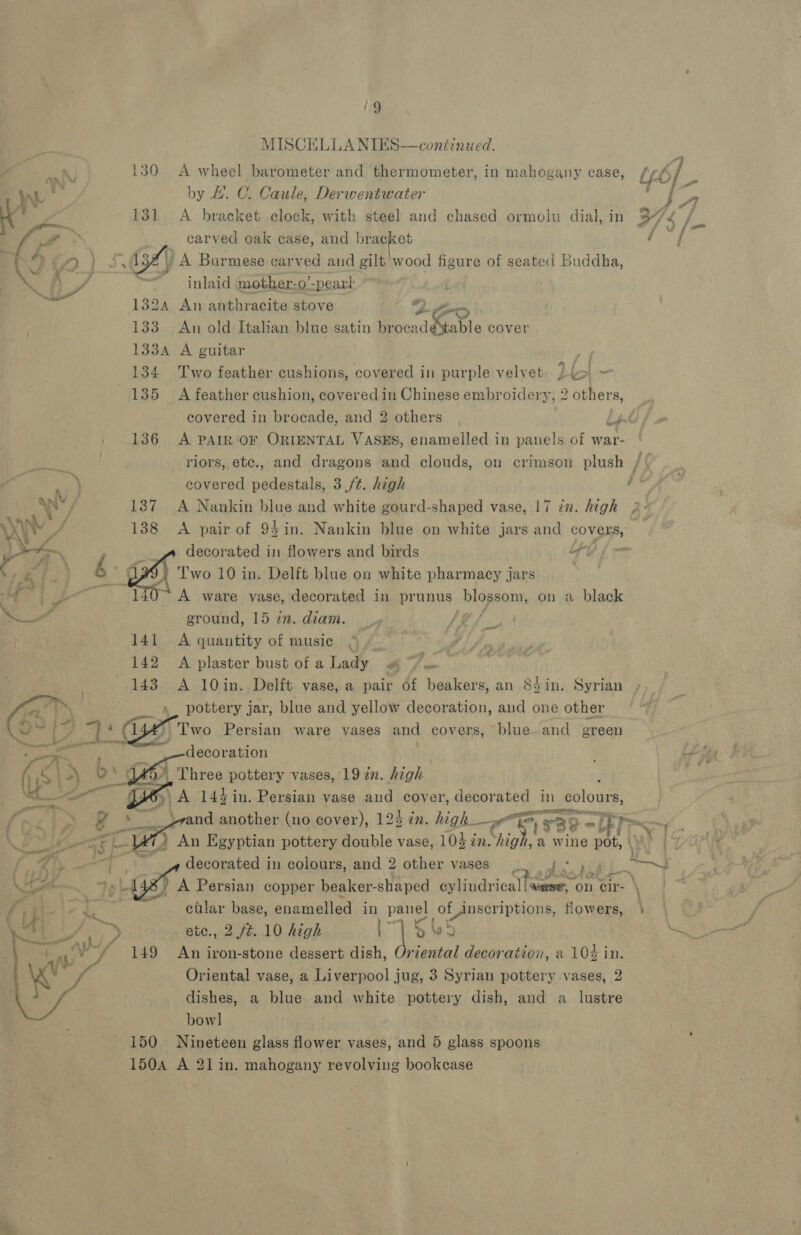 Wg MISCELLANIES—continzued.           150 Nineteen glass flower vases, and 5 glass spoons 150A A 21 in. mahogany revolving bookcase 150 A wheel barometer and thermometer, in mahogany case, / by 4. C. Caule, Derwentwater 131 &lt;A bracket clock, with steel and chased ormolu dial, in ce carved oak case, and bracket d SAB \ A Burmese carved and gilt wood figure of seated buddha, ’ inlaid mother-o’-pearl 1324 An anthracite stove 2to . 133 An old Italian blue satin brocadéstable cover 13384 A guitar ye 134 Two feather ae Winnie: covered in purple velvet lb|- 135 A feather cushion, covered in Chinese embroidery, 2 others, covered in brocade, and 2 others bgdi _ 136 A PArR OF ORIENTAL VASES, enamelled in panels of war- , | riors, etc., and dragons and clouds, on crimson plush / aan covered pietale 3 ft. high ot ANY / 137. A Nankin blue and white gourd-shaped vase, 17 7n. high WY / 138 &lt;A pair of 94in. Nankin blue on white jars and covers, &gt; decorated in flowers and birds of Two 10 in. Delft blue on white pharmacy jars | A ware vase, decorated in prunus: blossom, on a black ground, 15 in. diam. bf A quantity of music A. plaster bust of a Lady gin A 10in. Delft vase, a pair of beakers, an 8din. Syrian _, pottery jar, blue and yellow decoration, and one other “ Two Persian ware vases and covers, blue. and green _—decoration ©. Three pottery vases, 19 7n. high ‘ BA 143 in. Persian vase and cover, decorated in colours, ah een and another (no cover), 12% in. kok: a” sae = EF ~ Ye &lt;t Ag ) An Egyptian pottery double vase, 104 én. Sigh, a wine pot, | y : f 4, a decorated in colours, and 2 other vases ys) L ae \ Moe d Wk 48 ) A Persian copper beaker- shaped eylindricall sme, ‘on ¢ir- \ fi E| Bi mg ; cular base, ena melled in rae of L_dnscriptions, flowers, 3 aig EN » etc., 2 ft. 10 high | Aa 5 . , : Le AL “’f 149 An iron-stone dessert dish, riental decoration, a 104 in. : S ie Oriental vase, a Liverpool jug, 3 Syrian pottery vases, 2 ho / dishes, a blue and white pottery dish, and a lustre : bowl