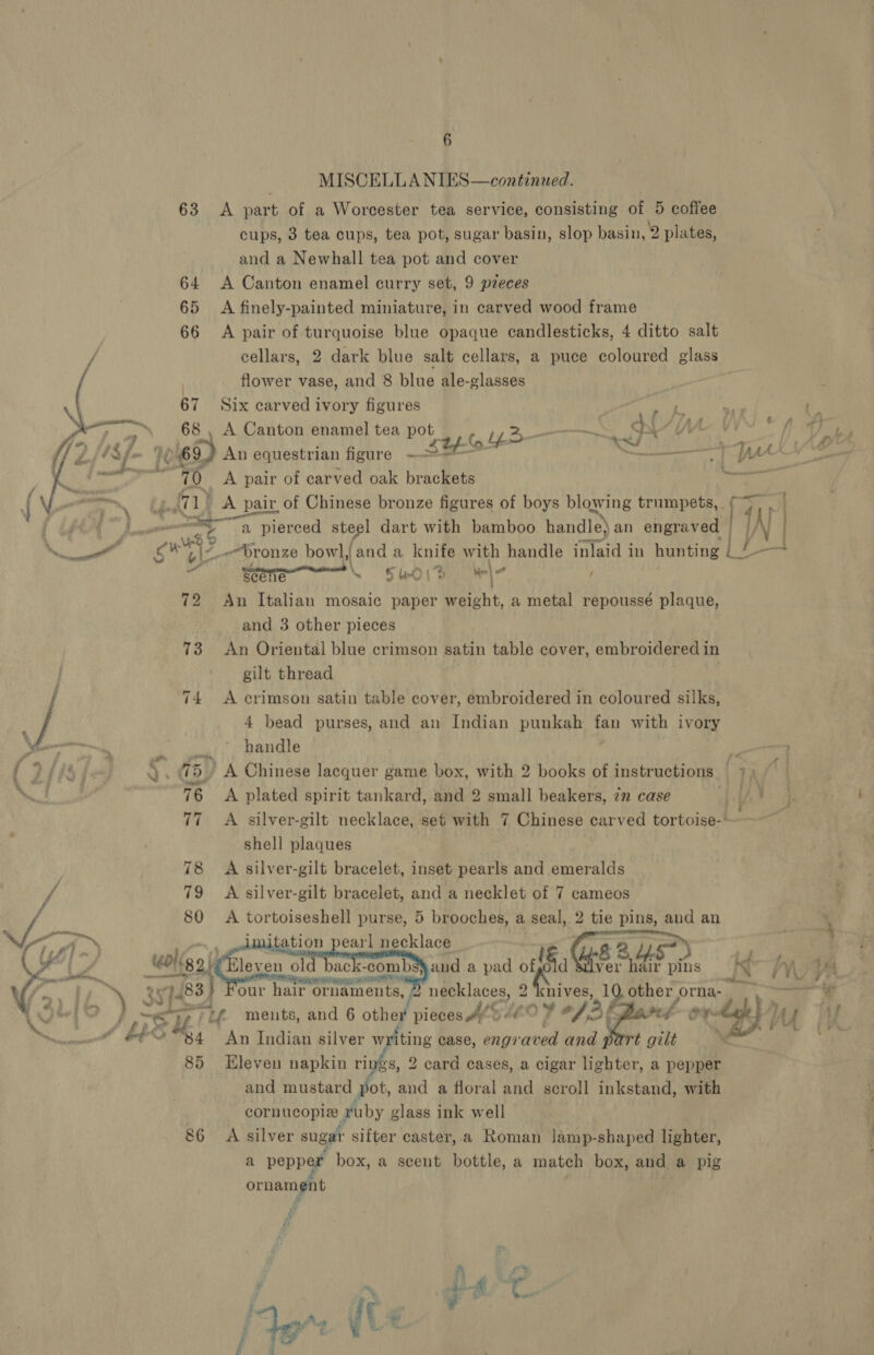  i / oo . ¥ - ,  38 6 MISCELLA NIES—continued. 63 A part of a Worcester tea service, consisting. of 5 coffee cups, 3 tea cups, tea pot, sugar basin, slop basin, 2 plates, and a Newhall tea pot and cover 64 &lt;A Canton enamel curry set, 9 pleces 65 &lt;A finely-painted miniature, in carved wood frame 66 &lt;A pair of turquoise blue opaque candlesticks, 4 ditto salt cellars, 2 dark blue salt cellars, a puce coloured glass flower vase, and 8 blue ale-glasses 67 Six carved ivory figures 68 , A Canton enamel tea pot_ tp oro Pr 70. A pair of carved oak brackets (1) A pair, of Chinese bronze figures of boys blowing trumpets, ~ a pierced steel dart with bamboo handle) an engraved y\2- -_.®ronze bowl, and a knife with handle inlaid in hunting |! a Sete 54-019 |&lt; 72 An Italian mosaic paper weight, a metal repoussé plaque, and 3 other pieces 73 An Oriental blue crimson satin table cover, embroidered in gilt thread : 74 &lt;A crimson satin table cover, embroidered in coloured silks, 4 bead purses, and an Indian punkah fan with ivory handle 76 &lt;A plated spirit tankard, and 2 small beakers, zn case 7 shell plaques 78 A silver-gilt bracelet, inset pearls and emeralds 79 A silver-gilt bracelet, and a necklet of 7 cameos 80 A tor toiseshell purse, 5 brooches, a seal, 2 tie pins, and an     Ce REDE RRS aE ‘Td 83} our hair ornaments, 2 necklaces, by cnives, ay other orna-  84 An Indian silver w rie case, engraved and and mustard pot, ies a floral and scroll inkstand, with cornucopia ruby glass ink well 86 =A silver sugar sifter caster, a Roman lamp-shaped lighter, a pepper box, a scent bottle, a match box, and a pig ornamedt a