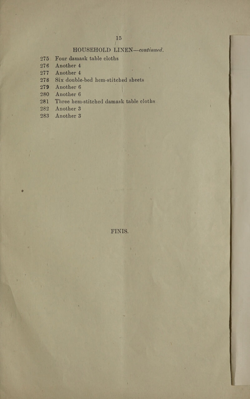 275 276 277 278 279 280 281 282 283 15 HOUSEHOLD LINEN—continued. Four damask table cloths Another 4 Another 4 Six double-bed hem-stitched sheets Another 6 me. Another 6 | Three hem-stitched damask table cloths Another 3 Another 3 FINIS. 