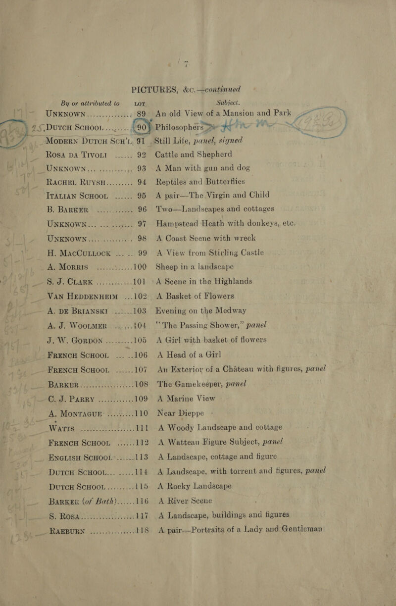 ~ PICTURES, &amp;c.—continued  By or attributed to LOT Subject. q WNENGWN ©.) 22... 200i; 89 An old View of a Mansion oy Park ee Ai, } 2.$.DutcH ScHooL ........: foo) Philosophers fff We tf . ~ Moprrn Duc Scw’h, 91 Still Life, panel, signed Dery: aca ROSA DA TIVOLI ....:. 92 Cattle and Shepherd u MUNKNOWN ...:.5...4.004- 93 A Man with gun and dog RACHEL RUYSH......... 94 Reptiles and Butterflies ITALIAN SCHOOL ...... 95 A pair—The Virgin and Child B. BARKER ..... Bet ty 96 ‘Two—Landscapes and cottages UNKNOWN... «2. .se¥2.. 97 Hampstead Heath with donkeys, etc. UNKNOWN DR, cine os . 98 &lt;A Coast Scene with wreck H. MacOuLock Woe 99 &lt;A View from Stirling Castle PUUMIORRIS 10).66%:.... 100 Sheep in a landscape Le i 101 A Scene in the Highlands VAN HEpDDENHEIM ...102 A Basket of Flowers . A. DE BRIANSKI ..:... 103 Evening on the Medway A. J. WOOLMER ..:..:. 104. “The Passing Shower,” panel J. W. GORDON....:5.:.. 105 &lt;A Girl with basket of flowers FRENCH SCHOOL ... .. 106 A Head of a Girl FRENCH SCHOOL ...... 107 An Exterior of a Chateau with figures, panel PAST i es fakes. ke 108 The Gamekeeper, panel ae PARRY 20020 109 A Marine View A. MonTAGUE: .........110 Near Dieppe Warrs Sree oh cuts Pine 111 A Woody Landscape and cottage Frencyu ScHoon ...:..112 A Watteau Figure Subject, panel ENGLISH SCHOOL ’...... 113 A Landscape, cottage and figure | DuTcH SCHOOL... ..... 114 A Landseape, with torrent and figures, panel DUTCH SCHOOL ......... 115 A Rocky Landscape Barker (of Bath)...... 116 A River Scene Bp Rosa: ews in mechan si Landscape, buildings and figures RAEBURN ...... bees ht Eh 118 &lt;A pair—Portvraits of a Lady and Gentleman