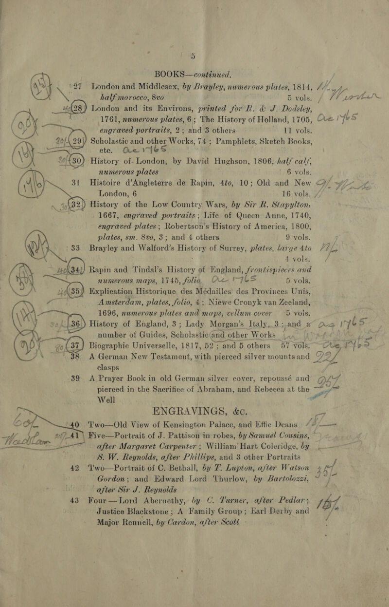  \ Pad  97 BOOKS—continued. London and Middlesex, by Brayley, numerous plates, 1814, half morocco, 8vo 5 vols. , 0/- eeernente He,  £6h{30) 31 33  43  1761, numerous plates, 6; The History of Holland, 1705, engraved portraits, 2; and 3 others 11 vols. Scholastic and other Works, 74 ; Pamphlets, Sketch Books, ete. Gre] ‘History of. London, by David Hughson, 1806, half ca/y, numerous plates ' 6 vols. London, 6 16 vols. History of the Low Country Wars, by Sir Rk. Stapylton, 1667, engraved portraits; Life of Queen Anne, 1740, engraved plates; Robertson's History of America, 1800, plates, sm. 8vo, 3; and 4 others 9 vols. Brayley and Walford’s History of Surrey, plates, large 4to 4 vols. Rapin and Tindal’s History of England, /rontispieces and numerous maps, 1745 fore, oer ia = 5 5 vols. Amsterdam, so, Solio, 4: Niewe Cr ee van Heelan 1696, numerous plates and maps, vellum cover 5 vois. number of Guides, Scholae and 0 other Works (4 Biographie Universelle, 1817, 52 ; “and 5 others 57 vols. A German New Testament, with pierced silver mounts and clasps A Prayer Book in old German silver cover, repoussé and pierced in the Sacrifice of Abraham, and Rebecea at the ~* Well ENGRAVINGS, &amp;c. Two—Old View of Kensington Palace, and Effie Deans / +e 4 4 Lave fr re j cs Le / / eS Ya Oy, i haut goo after Margaret Carpenter ; William’ Hart Coleridge, by S. W. Reynolds, after Phillips, and 3 other Portraits Two—Portrait of C. Bethall, by 7. Lupton, a/ter Watson Gordon; aud Edward Lord Thurlow, by Bartolozz, after Sir J. Reynolds Four — Lord Abernethy, by C. Turner, after Pedlar ; Justice Blackstone; A Family Group; Earl Derby and Major Rennell, by Cardon, after Scott - »\