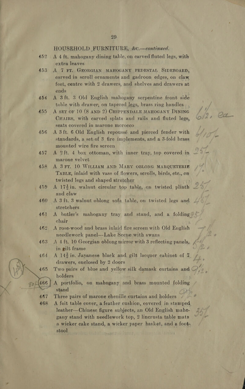 452 453 454 455 456 465 a,  467 468 29 HOUSEHOLD FURNITURE, &amp;c.—continued. A 4 ft. mahogany dining table, on carved fluted legs, with extra leaves A 7 FT. GEORGIAN MAHOGANY PEDESTAL SIDEBOARD, carved in scroll ornaments and gadroon edges, on claw feet, centre with 2 drawers, and shelves and drawers at ends A 3ft. 3 Old English mahogany serpentine front side table with drawer, on tapered legs, brass ring handles A SET OF 10 (8 AND 2) CHIPPENDALE MAHOGANY DINING CHAIRS, with carved splats and rails and fluted legs, seats covered in marone morocco A 3 ft. 6 Old English repoussé and pierced fender with standards, a set.of 3 fire implements, and a 3-fold brass mounted wire fire screen A 2it. 4 box ottoman, with inner tray, top covered in marone velvet ‘ A 3FT. 10 WILLIAM AND MARY OBLONG MARQUETERIE TABLE, inlaid with vase of flowers, scrolls, birds, etc., on twisted legs and shaped stretcher aud claw A 3 ft. 3 walnut oblong sofa table, on twisted legs and stretchers chair 4 A rose-wood and brass inlaid fire screen with Old English needlework panel—Lake Scene with swans in gilt frame drawers, enclosed by 2 doors holders stand oe Three pairs of marone chenille curtains and holders | leather—Chinese figure subjects, an Old English maho- gany stand with needlework top, 2 lincrusta table mats a wicker cake stand, a wicker paper basket, and a foot- stool