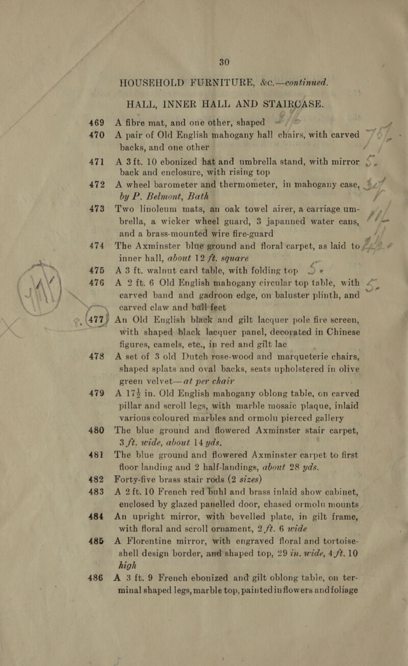 30 HOUSEHOLD FURNITURE, &amp;c.—continued. HALL, INNER HALL AND STAIRCASE. 469 A fibre mat, and one other, shaped e 470 A pair of Old English mahogany hall chairs, with carved a backs, and one other eG 471 &lt;A 3ft. 10 ebonized hat and umbrella stand, with mirror Ly back and enclosure, with rising top 472 A wheel barometer and thermometer, in mahogany case, J by P. Belmont, Bath 473 Two linoleum mats, an oak towel airer, a carriage um- brella, a wicker wheel guard, 3 japanned water cans, f and a brass-mounted wire fire-guard | at, 474 The Axminster blue ground and floral carpet, as laid to Fp. G inner hall, about 12 ft. square pe 475 A 3 ft. walnut card table, with folding t top We 476 A 2 ft. 6 Old English mahogany circular top table, with &lt; carved band and gadroon edge, on baluster plinth, and fie carved claw and batt feet 477, An Old English blaek and gilt lacquer pole fire screen, =e with shaped. black lacquer panel, decorated in Chinese figures, camels, etc., in red and gilt lac 478 &lt;A set of 3 old Dutch rose-wood and marqueterie chairs, shaped splats and oval backs, seats upholstered in olive green velvet—at per chair 479 A174 in. Old English mahogany oblong table, on cial pillar and scroll legs, with marble mosaic plaque, inlaid various coloured marbles and ormolu pierced gallery 480 The blue ground and flowered Axminster stair carpet, 3 ft. wide, about 14 yds. 481 The blue ground and flowered Axminster carpet to first floor landing and 2 half-landings, about 28 yds. 482 Forty-five brass stair rods (2 sizes) 483 &lt;A 2ft.10 French red buhl and brass inlaid show cabinet, enclosed by glazed panelled door, chased ormolu mounts 484 An upright mirror, with bevelled plate, in gilt frame, with floral and scroll ornament, 2 /¢. 6 wide 485 &lt;A Florentine mirror, with engraved floral and tortoise- shell design border, and shaped top, 29 cn. wide, 4.7¢. 10 high 486 &lt;A 3 ft. 9 French ebonized and gilt oblong table, on ter- minal shaped legs, marble top, painted in flowers and foliage