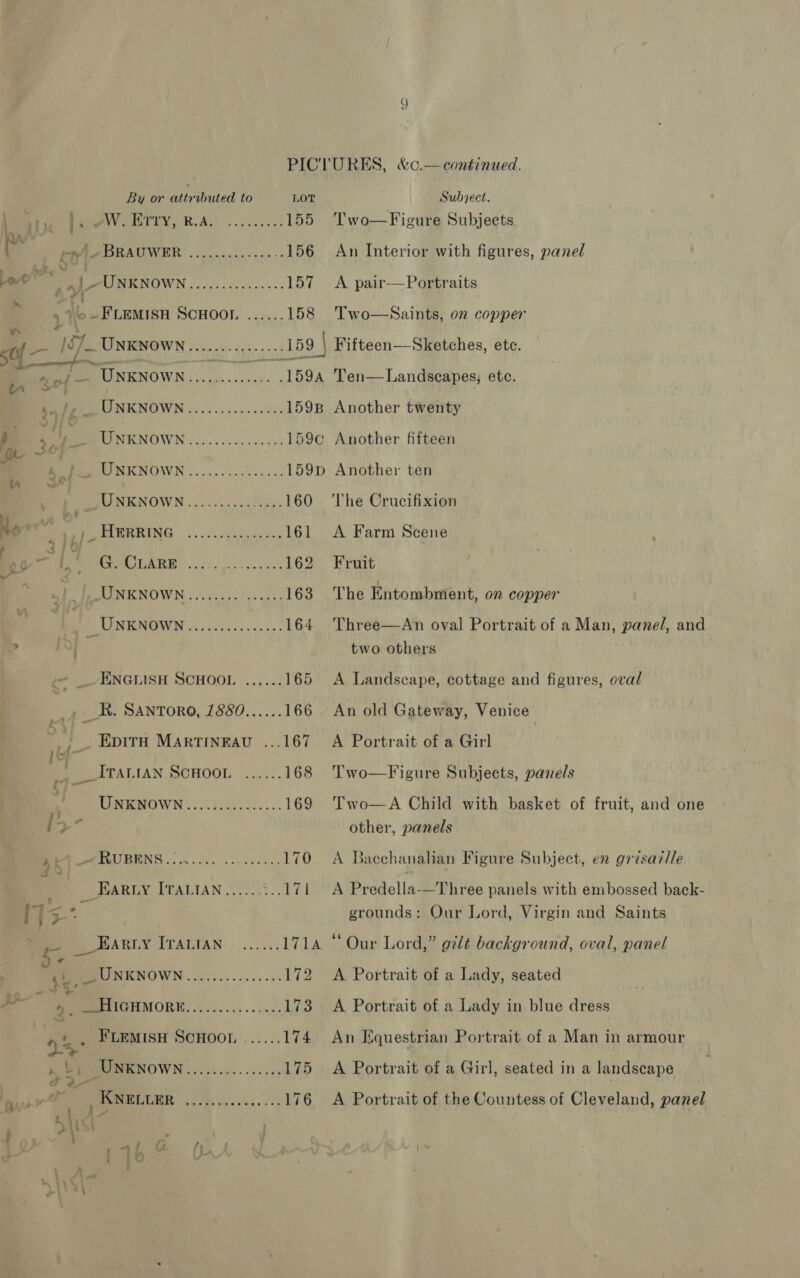 ) PICLTU RES, &amp;c.—continued. By or ariburedt to LOT Subject. | Set Mea VG ISTIY, RAL .......0) 155 Two—Figure Subjects y tryi- BRAUWER ............-.- 156 An Interior with figures, panel Le pa MUIIRNOWN 22 00.502 cece 157 A pair-——Portraits j 41 : ~FLEMISH SCHOOL ...... 158 Two—Saints, on copper of — 157 RINMNOWW o.oo. es. <0 159 | Fifteen—Sketches, ete. Beg NENOWN:».0...0..0.. .159A Ten—Landscapes, etc. bo | MU NKNOWN :.........0 60% 159B Another twenty p Ble MON RONONN : c. os se citye to) 159c Another fifteen a j Smeg UNKNOWN ».......002..2. 159p Another ten | Pepe NENOWN 04.00.20). y.. 160 ‘The Crucifixion No aati ne PEM RENG. os cides 161 A Farm Scene 00 oat Ry EEMLARE v.22. i 54-505 L620 Brat | MEONICNOWN i herders wast 163 The Entombment, on copper UNKNOWN.......... et 164 Three—An oval Portrait of a Man, panel, and ‘ 5 two others c~ _. ENGLISH SCHOOL ...... 165 <A Landscape, cottage and figures, oval __, _R. SANTORO, 1880...... 166 An old Gateway, Venice _,- Evita Martineau ...167 A Portrait of a Girl a, ITALIAN SCHOOL ...... 168 Two—Figure Subjects, panels : TEM MBOWN... Ni oee ees 169 Two—A Child with basket of fruit, and one i> other, panels 4k SPUD seo. ss. Lay 170 A Baechanalian Figure Subject, en grisaille Y HARLY ITALIAN...... ...171 A Predella-—Three panels with embossed back- rT] a grounds: Our Lord, Virgin and Saints * '< __Earry HEARIUAN) Sore’ 1714 “ Our Lord,” gilt background, oval, panel oO BBUNKNOWN........0...... 172 A Portrait of a Lady, seated a 2. BeEHIGHMORW.., 0.2.0... 2+. 173 A Portrait of a Lady in blue dress 1 , FLEMISH SCHOOL ...... 174 An Equestrian Portrait of a Man in armour » Bye RNOWN oct sees ssn 175 <A Portrait of a Girl, seated in a landscape F ; KNELLER ARR sth s .....176 <A Portrait of the Countess of Cleveland, panel ‘ae iol