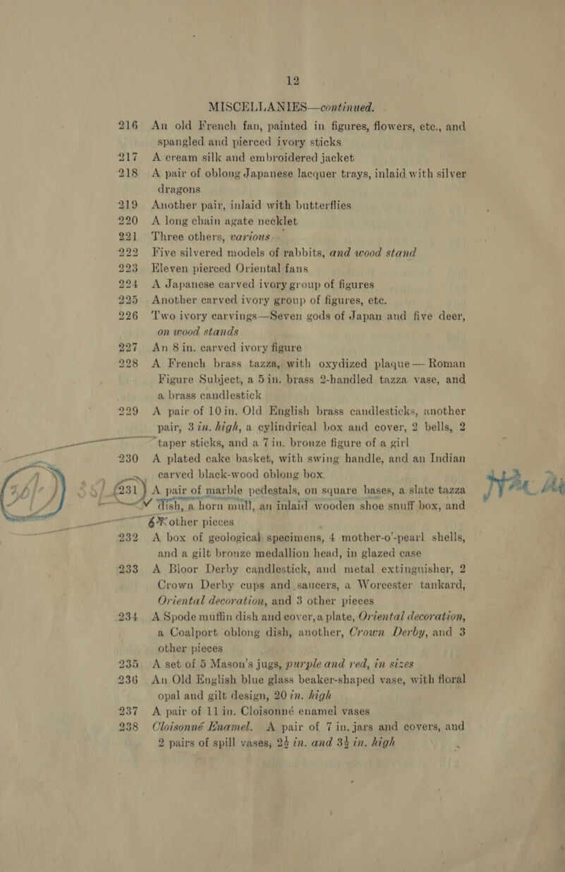 MISCELLANIES—continued. 216 An old French fan, painted in figures, flowers, etc., and spangled and pierced ivory sticks 217 A cream silk and embroidered jacket 218 A pair of oblong Japanese lacquer trays, inlaid with silver dragons 219 Another pair, inlaid with butterflies 220 =A long chain agate necklet 221 Three others, various. 222 Five silvered models of rabbits, and wood stand 223 Kleven pierced Oriental fans 224 &lt;A Japanese carved ivory group of figures 225 Another carved ivory group of figures, ete. 226 ‘Two ivory carvings—Seven gods of Japan and five deer, on wood stands 227 An 8in. carved ivory figure 228 &lt;A French brass tazza, with oxydized plaque — Roman Figure Subject, a 5in. brass 2-handled tazza vase, and a brass candlestick 229 &lt;A pair of 10in. Old English brass candlesticks, another pair, 3 zn. high, a cylindrical box and cover, 2 bells, 2 nnn“ taper sticks, and a 7in. bronze figure of a girl 230 A plated cake basket, with swing handle, and an Indian oo earved black-wood oblong box 3 a “ ey A pair of marble pedestals, on square bases, a ata tazza Jt Oh bad a w Wiehe achorn mull, an inlaid wooden shoe snuff box, and ~ $*® other pieces 232 A box of geological specimens, 4 mother-o’-pearl shells, and a gilt bronze medallion head, in glazed case 233 &lt;A Bloor Derby candlestick, and metal extinguisher, 2 Crown Derby cups and saucers, a Worcester tankard, Oriental decoration, and 3 other pieces 234 A Spode muffin dish and cover,a plate, Oriental decoration, a Coalport oblong dish, another, Crown Derby, and 83 other pieces 235 A set of 5 Mason’s jugs, purple and red, in sizes 236 An Old English blue glass beaker-shaped vase, with floral opal and gilt design, 20 ¢n. high 237 &lt;A pair of 11 in. Cloisonné enamel vases 238 Cloisonné Hnamel. A pair of 7 in. jars and covers, and 2 pairs of spill vases; 24 7n. and 34 in. high  x