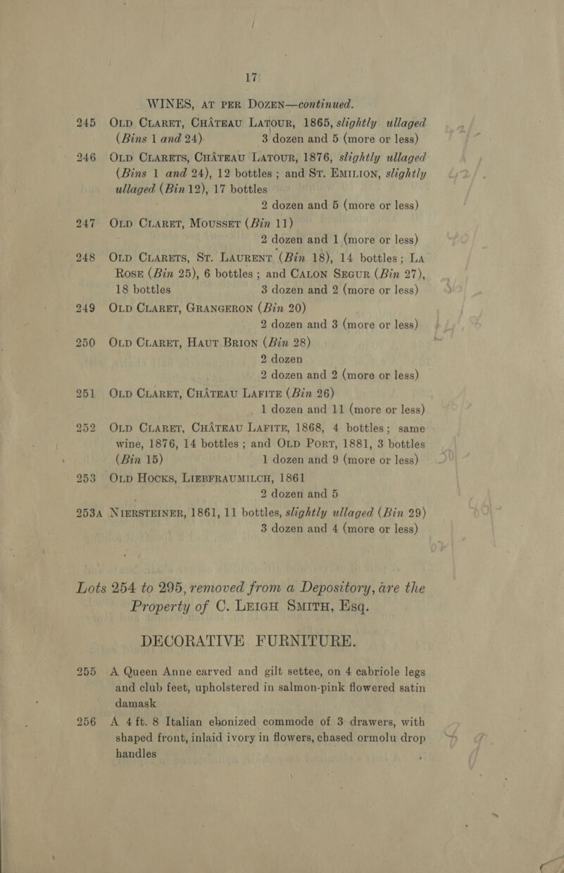 945 WINES, at per DozeEN—continued. Orp Ciaret, CuArmau Latour, 1865, slightly ullaged (Bins 1 and 24). 3 dozen and 5 (more or less) OLp CLARETS, CHATEAU LaToUR, 1876, slightly ullaged (Bins 1 and 24), 12 bottles ; and Sr. Eminion, slightly ullaged (Bin 12), 17 bottles 2 dozen and 5 (more or less) Oxtp CLARET, Mousset (Bin 11) 2 dozen and 1 (more or less) OLD CLARETS, St. LAURENT (Bin 18), 14 bottles; La Ross (Bin 25), 6 bottles ; and CALON SEcur (Bin 27), 18 bottles 3 dozen and 2 (more or less) OLD CLARET, GRANGERON (Bin 20) 2 dozen and 3 (more or less) Oip CLARET, Haut Brion (Bin 28) 2 dozen 2 dozen and 2 (more or less) OLp CLARET, CHATEAU LAFITE (Bin 26) _ 1 dozen and 11 (more or less) OLD CLARET, CHATEAU LAFITE, 1868, 4 bottles; same wine, 1876, 14 bottles ; and OLD Port, 1881, 3 bottles (Bin 15) 1 dozen and 9 (more or less) 2 dozen and 5 3 dozen and 4 (more or less) Property of C. Le1icH Situ, Ksq. DECORATIVE FURNITURE. 256 and club feet, upholstered in salmon-pink flowered satin damask A 4 ft. 8 Italian ehonized commode of 3 drawers, with shaped front, inlaid ivory in flowers, chased ormolu drop handles