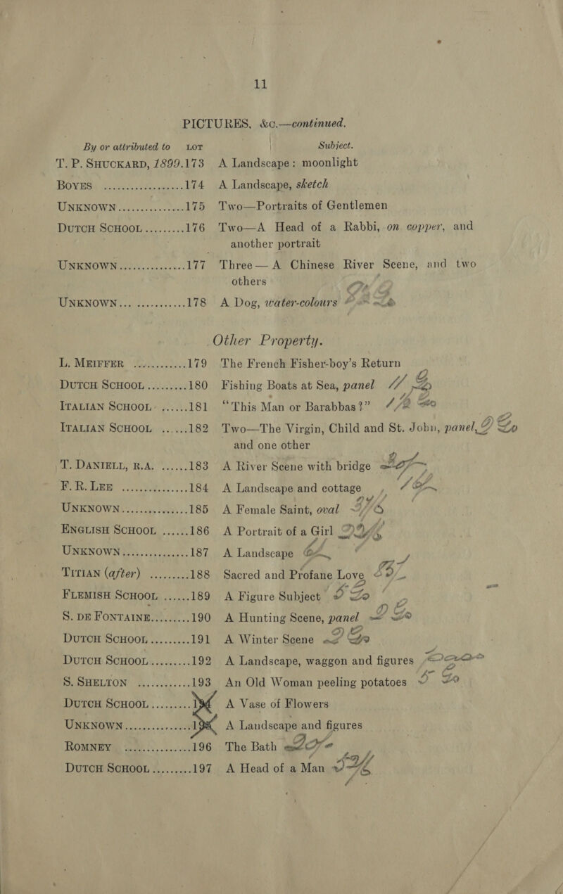 PICTURES, &amp;c.—continued. By or attributed to LoT Subject. T. P. SHucKARD, 1899.173 A Landscape: moonlight TROY Tn siete Nees 174 A Landscape, sketch UNKNOWN oe. eeeeeeeeeee 175 Two—Portraits of Gentlemen DUTCH SCHOOL ......... 176 Two—A Head of a Rabbi, on copper, and . another portrait EM IEM OVEN agit s\n ae wines 177 Three— A Chinese River Scene, and two others Ls RINE NOWN | i 5.00000 178 A Dog, water-colours Sih Le Other Property. i MEIPFER “tui isoc das 179 The French Fisher-boy’s Return 2 DUTCH SCHOOL......... 180 Fishing Boats at Sea, panel YG ro ITALIAN SCHOOL: ...... 181 “This Man or Barabbas?” 7 Ah ato ITALIAN SCHOOL ......182 Two—The Virgin, Child and St. Jobn, panel 2 &amp; and one other T. DANIELL, R.A. ......183 A River Scene with bridge fof | RG EER yee os) 184 A Landscape and cottage , A of UNKNOWN.........004... 185 A Female Saint, oval Gs | ENGLISH SCHOOL ...... 186 A Portrait of a Girl iW UNBNOWN?....,, 00.0. 187 &lt;A Landscape 64. f | oy TITIAN (after) ......... 188 Sacred and Profane Love S$ a FLEMISH SCHOOL ...... 189 A Figure Subject | S Fo ye ‘ S. DE Fontaine... ae 190 A Hunting Scene, panel ay Ga RULOM SCHOOL uy... 9... 191 A Winter Scene a Ge Dutcn ScHOOL......... 192 A Landscape, waggon and figures Dae &lt; REMMMILON (hi evens cs 193 An Old Woman peeling potatoes I Lh DuTCH SCHOOL......... 1 A Vase of Flowers UNENGQWINv..00654- 098 1 ‘ A Landscape and figures TROMENIOI RD Sete Ls os 5 s'siers 196 The Bath a xe eens 197 A Head of a Man » 5% Fe i &gt; %