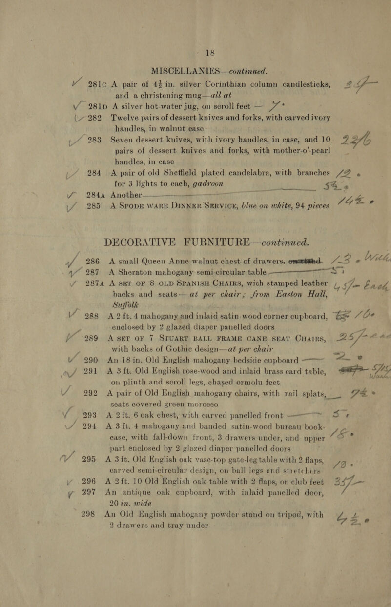 MISCELLANIES—continued. | eo (fe and a christening mug—all at 281p A silver hot-water jug, on scroll feet — Shy v- Lf pairs of dessert knives and forks, with mother-o’-pearl _ handles, in case 284 A pair of old Sheffield plated candelabra, with branches /@ . for 3 lights to each, re | oe 2844 Another___—_-_____—_ _ . 2 285 A BeanE.) WARE DINNER SERVICE, blue on white, 94 pieces A set DECORATIVE FURNITURE—continued. | 286 &lt;A small Queen Anne walnut chest of drawers, emustehd. HOS e With, 287A A SET OF 8 OLD SPANISH CHAIRS, with stamped leather y $fm ba A backs and seats—at per chair; from Easton Hall, 7 Sufiolk : 2 : pts 288 &lt;A 2 ft. 4 mahogany and inlaid satin-wood corner cupboard, Ge 7; enclosed by 2 glazed diaper panelled doors with backs of Gothie design—at per chair 290 An i8in. Old English mahogany. bedside cupboard &lt;-&gt; &lt;— 4 291 A 3 ft. Old English rose-wood and inlaid brass card table, aefe- Js, on plinth and scroll legs, chased ormolu feet 292 A pair of Old English mahogany chairs, with rail splats, __ Je hs seats covered green morocco 293 A 2ft. 6 oak chest, with carved panelled front —--™ S 294 &lt;A 3 ft. 4 mahogany and banded satin-wood bureau book- ease, with fall-down front, 3 drawers under, and upper (&amp;* part enclosed by 2 glazed diaper panelled doors 295 A 3ft. Old English oak vase-top gate-leg table with 2 flaps, JD carved semi-circular design, on ball legs and stretchers 296 &lt;A 2ft. 10 Old English oak table with 2 flaps, on club feet 347/~ 297 An antique oak cupboard, with inlaid panelled door, / 20 in. wide 298 An Old English mahogany powder stand on tripod, with ty - 2 drawers and tray under .