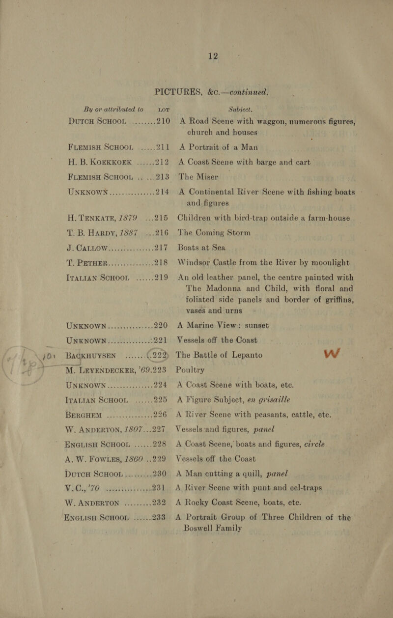 By or attributed to H. TENKATR, 1879 T. B. Harpy, 7887 BACKHUYSEN ITALIAN SCHOOL 12 LOT 212 217 V.C.,, 70 Subject. A Road Scene with waggon, numerous figures, church and houses A Portrait of a Man A Coast Scene with barge and cart A Continental River Scene with fishing boats - and figures Children with bird-trap outside a farm-house The Coming Storm Boats at Sea Windsor Castle from the River by moonlight An old leather panel, the centre painted with The Madonna and Child, with floral and foliated side panels and border of griffins, vases and urns : A Marine View: sunset Vessels off the Coast The Battle of Lepanto Poultry A Coast Scene with boats, ete. Ww A Figure Subject, en grisazlle A River Scene with peasants, cattle, ete. Vessels ‘and figures, panel A Coast Seene, boats and figures, circle Vessels off the Coast A Man cutting a quill, panel A River Scene with punt and eel-traps A Rocky Coast Scene, boats, ete. A Portrait Group of Three Children of the Boswell Family