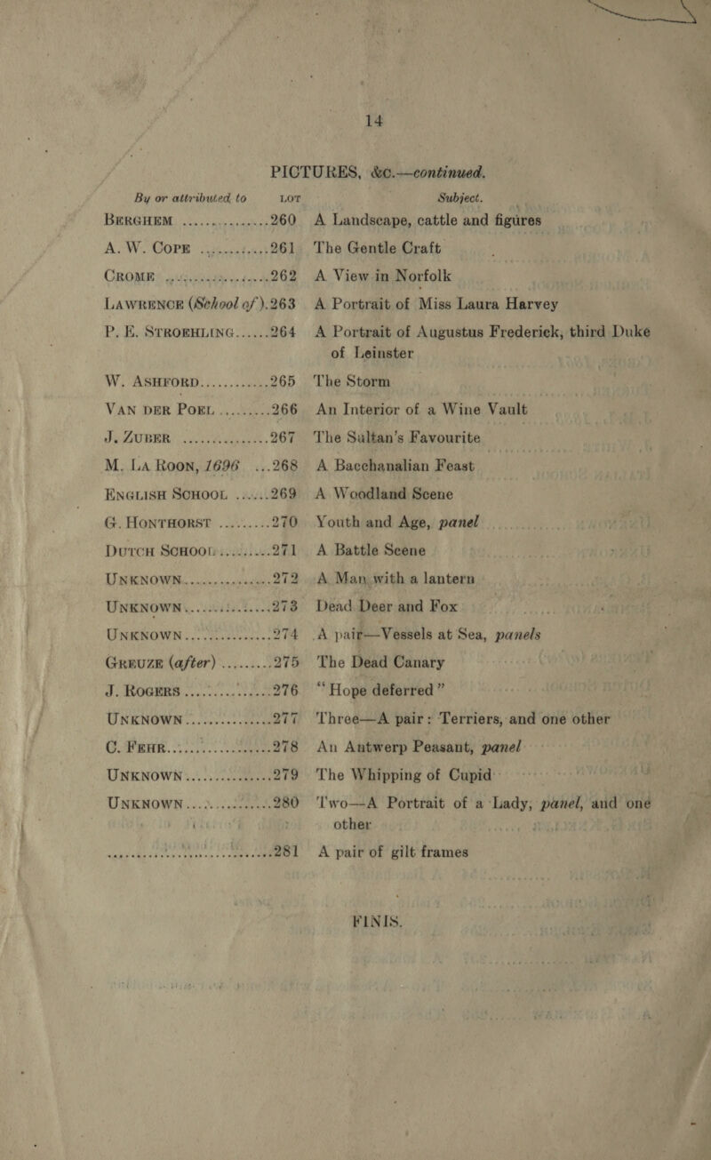 By or attributed to LOT BRA TEM) 06 ied were 260 AW: COPe ocr ai) 261 CROMER S 2s peer cade 262 LAWRENOE (School of ).263 P. EK. STROEHLING...... 264 W. ASHFORD............ 265 VAN DER POEL......... 266 I OBER ia aaaeee 267 M. La Roon, 1/696 ...268 ENGLISH SCHOOL ...... 269 (%. HONTHORST ......... 270 DutcH ScHoor ......... 971 UREN OWN. in ssnnsctons 272 UNKNOWN......424.5.4.. 273 UNKNOWN ¢ 2. cocdee ass. 274 GREUZE (after) ......... 275 SPORE. cscs enc chido 276 UNKNOWN... +20... 20544 277 GBH. ..;.i0. 0. cues 278 UNKNOWN ............... 279 UNKNOWN...2....52...4. 280 sail SAE a4 Obs Thea ss 281 Subject. A Landscape, cattle and figures : The Gentle Craft A View in Norfolk A Portrait of Miss Laura Hares A Portrait of Augustus Frederiek, third Duke of Leinster The Storm An Interior of a Wine Vault : The Sultan’s Favourite | A Basianslian Feast A Woodland Scene Youth and Age, panel A Battle Seene A Man with a lantern Dead Deer and Fox The Dead Canary ‘‘ Hope deferred ” Three—A ils « Terriers, and one other An Antwerp Peasant, panel The Whipping of Cupid’: ‘l'wo—-A Portrait of a Lady; dient and oné ; other ew delde) . id A pair of gilt frames FINIS,