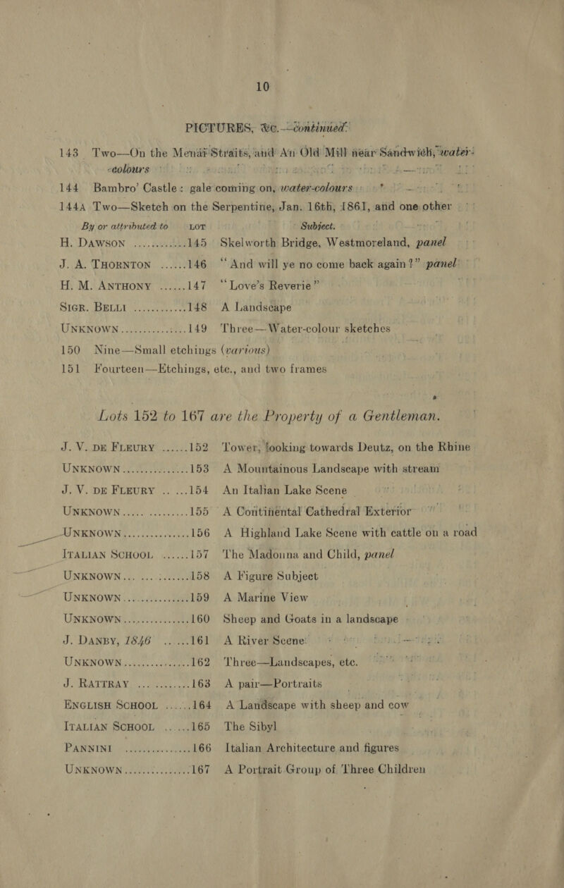 colours 144 Bambro’ Castle : By or attributed to LOT Biv SDAWSON |... newehis 145 J. A. THORNTON ...... 146 H. M. ANTHONY ...... 147 SIGH. dee bUt co. usauny os 148 UNKNOWN ..........¢:.5. 149 Subject. Skelworth Bridge, Westmoreland, panel ‘And will ye no come back again?” panel’ ‘‘ Love’s Reverie” A Landseape Three— Water-colour sketches 151 a J... Vipe Freve yo. 152 UNKNOWN 0.00. .05:..05. 153 Viv, DE NLEURY: 2. o. 154 TREND WN srs bh. 155 ed BER OWN ois ec ac cnckys 156 ITALIAN SCHOOL ...... 157 CNRNOWE siu-fus. 2daer eee 158 UNENOWN 1. iste Aa 159 UNKNOWMD.....05. 6.600008 .160 J. DANBY, 1846 ...... 161 UNKNOWN......... mg bp 162 FATTY oo i seen me 163 ENGLISH SCHOOL ...... 164 ITALIAN SCHOOL ...... 165 PARWING 6) GeGhiies donde 166 UNKNOWN....... S aaee 167 Tower, ooking towards Deutz, on the Rhine A Mountainous Landseape with stream An Italian Lake Scene _ A Highland Lake Scene with cattle on a road The Madonna and Child, panel A Figure Subject . A Marine View — | Sheep and Goats in a landscape - A River'Scenet \) 9% 9 $11 heii Three—Landscapes, ete. A pair—Portraits . : A Landscape with sheep and cow The Sibyl oad Italian Architecture and figures A Portrait Group of Three Children