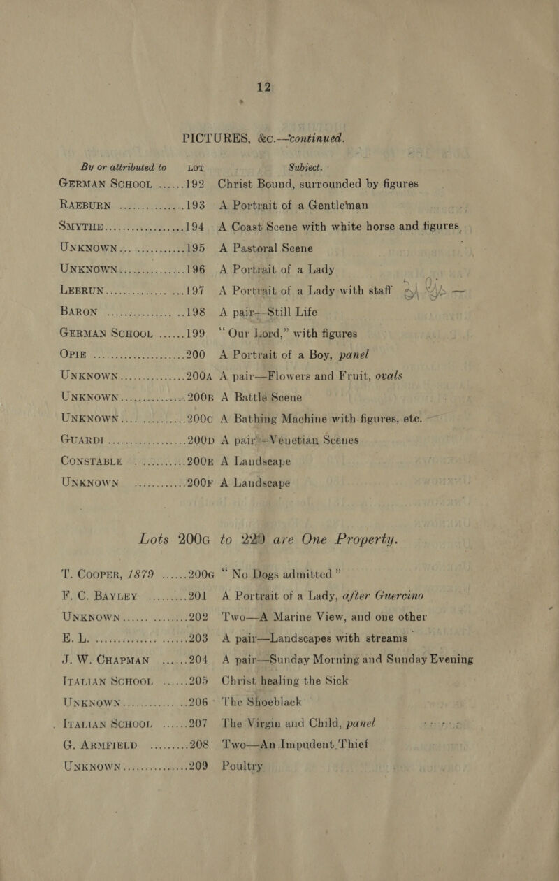  By or attributed to LOT GERMAN SCHOOL ...... 192 RAEBURN ....... eh 1 $98 SMYTHE At ai ee oe 194 UNKNOWN w.....0..c..45- 195 UNENOWN4 &gt;... .035-0055- 196 SSEBRUN 50.40 ee 197 BARON ores 198 GERMAN SCHOOL ...... 199 Ea Rage A nites MAT 200 USBNOWN Goo e soso 200A UNKNOWN...., ..cc.0-00v8 200B UNENOWN 1i5 0 i Ate): 200¢ NAAR ae Ts aoe 28 200D CONSTABLE 84-300.0, 10. 2008 UNKNOWNg | ee. 620% 200¥F Lots 2006 T. CoopER, 1879 TAG RAY nny. aes 201 UNE ROW Nibacn ii ees Gates 202 1S. Dah es. Sheet ee 203 J. W. CHAPMAN ...... 204 ITALIAN SCHOOL ...... 205 UNKNGIVINS CON0. Fe as hae 206 . TTALIAN BSGHOOL —.. 004; 207 G. ARMFIELD. .......6 208 UK NOW vidas! ddaree 209 Subject. Christ Bound, surrounded by figures A Portrait of a Gentleman A Coast Scene with white horse and figures, A Pastoral Scene A Portrait of a Lady A Portrait of a Lady with staff 2) Ws A pair—-Still Life | ‘Our Lord,” with figures j an od A Portrait of a Boy, panel A pair—Flowers and Fruit, ovals A Battle Scene A Bathing Machine with figures, etc. ~ A pair’=Venetian Scenes A Laudseape A Landseape to 229 are One Property. ‘No Dogs admitted ” A Portrait of a Lady, after Guercino Two—A Marine View, and one other A pair—Landscapes with streams — A pair—Sunday Morning and Sunday Evening Christ healing the Sick ‘he Shoeblack The Virgin and Child, panel Two-—An Impudent. Thief Poultry