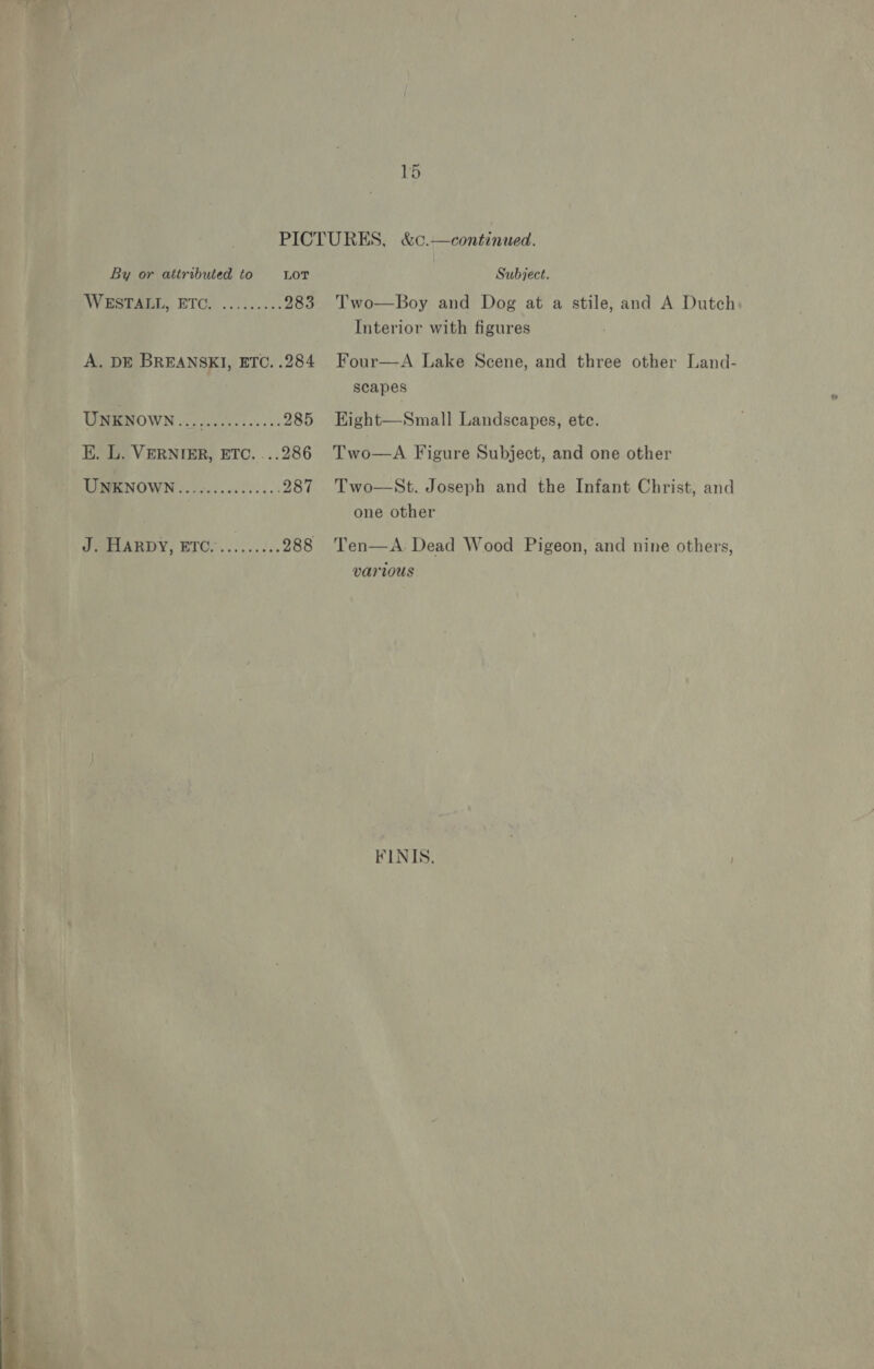 15 PICTURES, &amp;c.—continued. By or attributed to LOT Subject. WESTAGL, ETO. ...1.... 283. Two—Boy and Dog at a stile, and A Dutch Interior with figures A. DE BREANSKI, ETC..284 Four—A Lake Scene, and three other Land- scapes UNKNOWN.... hee 285 EKight—Small Landscapes, etc. EK. L. VERNIER, ETC....286 Two—A Figure Subject, and one other UNKENOWN............... 287 Two—St. Joseph and the Infant Christ, and one other J. HARDY, ETO... 004s. 288 Ten—A. Dead Wood Pigeon, and nine others, various FINIS., 