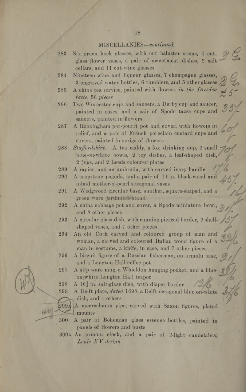 MISCELLANIES—continued. ys 283 Six green hock glasses, with cut baluster stems, 4 cut- P ot | . glass flower vases, a pair of sweetmeat dishes, 2 salt @* cellars, and 11 cut wine glasses 284 Nineteen wine and liqueur glasses, 7 champagne glasses, I, 3 engraved water bottles, 6 tumblers, and 5 other glasses 7) Ly 985 A china tea service, painted with flowers in the Dresden ae taste, 56 pieces =~ 286 Two Worcester cups and saucers, a Derby cup and saucer, o 942 painted in roses, and a pair of Spode tazza cups and saucers, painted in flowers bo io 2) =~T A Rockingham pot-pourri pot and cover, with flowers in Vhs, relief, and a pair of French porcelain custard cups and “ fe | covers, painted in sprigs of flowers fi 288 Staffordshire. A tea ‘a a fox drinking cup, 2 small View, blue-on-white bowls, 2 toy dishes, a leaf-shaped dish, ¢ FO 2 jugs, and 2 Leeds ubigtred plates “5 y, 289 A rapier, and an umbrella, with carved ivory handle , 290 A soapstone pagoda, and a pair of 11 in. black-wood and “147 wf inlaid mother-o-pearl sexagonal vases “f om 291 A Wedgwood circular base, another, square-shaped, anda yt green ware jardiniers stand j 292 &lt;A china cabbage pot and cover, a Spode miniature bowl, if, and 8 other pieces tl, oh 293 &lt;A circular glass dish, with running pierced border, 2 shell-- /.f 4 7 shaped vases, and 7 other pieces ao 294 An old Cork carved and coloured group of. man and g @ / woman, a carved and coloured Italian wood figure of a IL, man in costume, a knife, in case, and 7 other pieces é ff 296 A biscuit figure of a Russian fisherman, on ormolu base, Br and a Longton Hall coffee pot 297 &lt;A slip ware mug, a Whieldon hanging pocket, and a blue- 43 $7, on-white Longton Hall teapot 4y be 298 A 164in. salt-glaze dish, with diaper border LA / A 299 A Delft plate, dated 1698, a Delft octagonal blue on- fahits fia 7 dish, and 4 others tye ‘ ead meerschaum pipe, carved with Saxon figures, plated al | mounts d ° 300 A pair of Bohemian glass essence bottles, painted in panels of flowers and busts 300A An ormolu clock, and a pair of 2-light candelabra, Louis X V design 