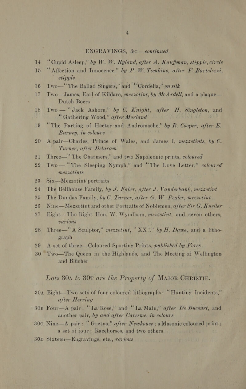 14 “Cupid Asleep,” by W. W. Ryland, after A. Kauffman, stipple, circle 15 “Affection and Innocence,” by P. W. Tomkins, after F. Bartolozzi, stipple 16 Two—‘ The Ballad Singers,” and “Cordelia,” on silk 17 Two—James, Earl of Kildare, mezzotint, by McArdell, and a plaque— Dutch Boers 18 Two— ‘Jack Ashore,” by 0. Knight, after H. Singleton, and ‘Gathering Wood,” after Morland SRV E) ANE 19 “The Parting of Hector and Andromache,” by R. Cooper, after E. Burney, in colours  20 <A pair—Charles, Prince of Wales, and James I, mezzotints, by C. Turner, after Delaram ; 21 Three—* The Charmers,” and two Napoleonic prints, coloured 22 Two— ‘The Sleeping Nymph,” and “The Love Letter,” coloured mezzotints 23 Six—-Mezzotint portraits 24 The Bellhouse Family, by J. Haber, after J. Vanderbank, mezzotint 25 The Dundas Family, by C. Turner, after G. W. Pegler, mezzotint 26 Nine—Mezzotint and other Portraits of Noblemen, a/ter Sir G. Kneller 27 EKight—The Right Hon. W. Wyndham, mezzotint, and seven others,. various 28 Three— A Sculptor,” mezzotint, “ XX!.” by H. Dae anda litho- graph | 29 A set of three—Coloured Sporting Prints, published by Fores 30 Two—The Queen in the Highlands, and The Meeting of Wellington: and Bliicher Lots 30a to 807 are the Property of Masor CHRISTIN. 304 Eight—Two sets of four coloured lithographs : “Hunting Incidents,” after A Wd 7 30B Four—A pair: “ La Rose,” and “La Main,” after De Bucourt, and another ae by and after Caresme, in colours . 30c Nine—A pair:.“ Gretna,” after Newhouse ; a Masonic coloured print ; a set of four: Racehorses, and two others 30D Sixteen—Engravings, etc., vardous