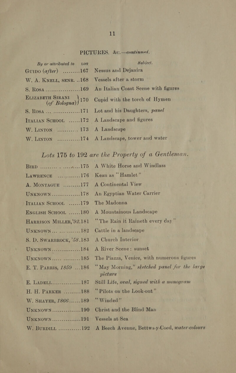 By or attributed to Gurpo (after) W. A. KNELL, SENR. ..168 SE IWOSA Fo eres. foe ace 169 7 ELIZABETH SIRANI \1 0 (of Bologna) LOT TOGA. Cod stn aes fetenes 171 ITALIAN SCHOOL ...... 172 Wa LINTONs fi e.2). 63. 173 Sy ESPN ON Gta y.(22cie) - o 174 Subject. Nessus and Dejanira Vessels after a storm An Italian Coast Scene with figures Cupid with the torch of Hymen Lot and his Daughters, panel A Landscape A Landscape, tower and water BUT IEES aes Gah him a 2 aN Ped WAS RSE NGRICN OM (40055) 400593 176 A. MONTAGUE ......... 177 RUBIN OWN vsicemsie s+ « ss 178 ITALIAN SCHOOL ...... 179 ENGLISH SCHOOL ...... 180 HARRISON MILLER,’92.181 UNKNOWN... ... ec a 182 S. D. SWARBROCK, 748.183 UNKNOWN: ciiea-c0-- ote 184 RINK NOW Nia sarrc. ray <s 185 E. T. PARRIS, 7859 ...186 Ki, LADERA ese. 187 Aye PARR Riess tes! 188 W. SHAYER, 1866...... 189 MINKNOWN vesy ests choses) 190 MUNOWN .....7-c¢- sae 1:94 WeREDURDIDL .2...0:054.. 192 A White Horse and Windlass Kean as ©“ Hamlet” A Continental View An Egyptian Water Carrier The Madonna A Mountainous Landscape “The Rain it Raineth every day” Cattle in a landscape A Church Interior A River Scene: sunset The Piazza, Venice, with numerous figures “May Morning,” sketched panel for the large picture Still Life, oval, signed with a monogram “Pilots on the Look-out ” “ Winded ” Christ and the Blind Man Vessels at Sea A Beech Avenue, Bettws-y-Coed, water-colours