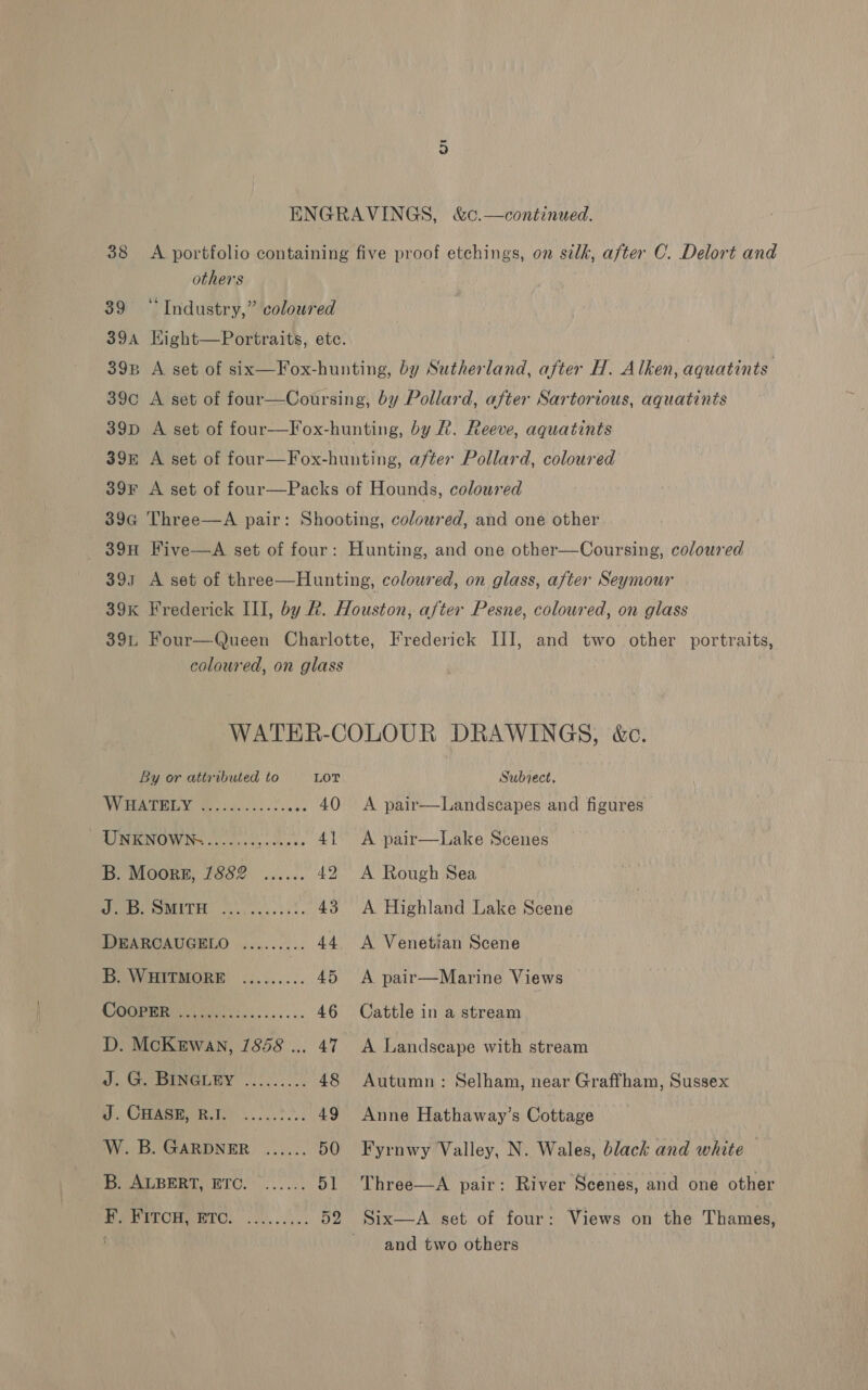 others 39 “Industry,” coloured coloured, on glass By or attributed to LOT WARY we Seas. 40 MOO TR oun s os 4] B. Moores, hese... * 42 Jot TOS 2 ee 43 DEARCAUGELO ......... 44 B. WHITMORE ......... 45 Cees... ....:. 46 D. McKgEwan, 1858 ... 47 &gt;: SANE 2. 48 a); GH ise... to 49 W.B. GARDNER ...... 50 eeUeUBER TTC... ... 51 PU eCCHERre. 220.0000, 52 Subject. A pair—Landscapes and figures A pair—Lake Scenes A Rough Sea A Highland Lake Scene A Venetian Scene A pair—Marine Views Cattle in a stream A Landseape with stream Autumn : Selham, near Graffham, Sussex Anne Hathaway’s Cottage Fyrnwy Valley, N. Wales, black and white Three—A pair: River Scenes, and one other and two others