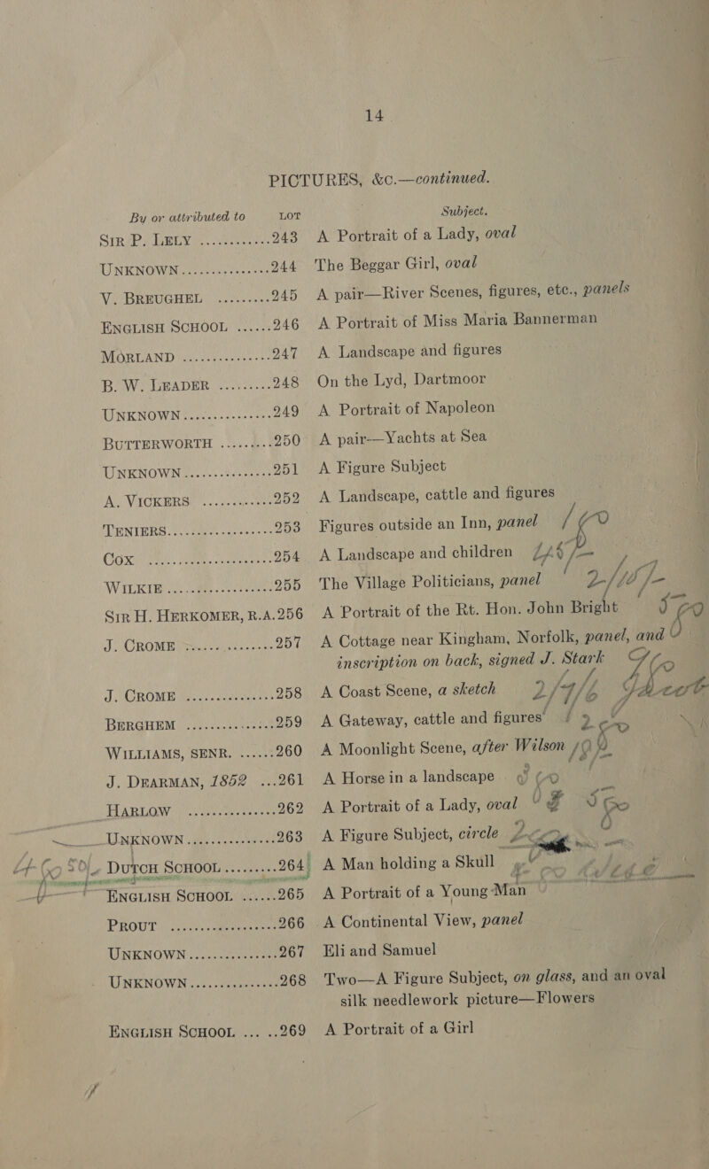 ENGLISH SCHOOL eooecee ececeece eccese coecee eeeeee eceeee LOT 243 244 249 246 247 248 249 250 251 252 WILLIAMS, SENR. Aye RTS ehate Tia SCHOOL eoeecee eoeroees 260 14 Subject. A Portrait of a Lady, oval The Beggar Girl, oval A pair—River Scenes, figures, etc., panels A Portrait of Miss Maria Bannerman A Landscape and figures On the Lyd, Dartmoor A Portrait of Napoleon A pair-—Yachts at Sea A Figure Subject : . A Landscape, cattle and figures Figures outside an Inn, panel A Landscape and children LAS fae The Village Politicians, panel we 10 fe A Portrait of the Rt. Hon. John Bright oe A Cottage near Kingham, Norfolk, panel, and inscription on back, signed J. Se 7 (0 A Coast Scene, a sketch 2} (4/6 f, J? if A Gateway, cattle and figures’ / 2 i ~ A Moonlight Scene, after Ce. a)  A Horse in a landscape a 6) . /\ oom A Portrait of a Lady, oval “ ef VY Geo A Figure Subject, cercle LE? Seo Oe else cy AV ogo ; if A Portrait of a Young Man Eli and Samuel Two—A Figure Subject, on glass, and an eval silk needlework picture—F lowers A Portrait of a Girl
