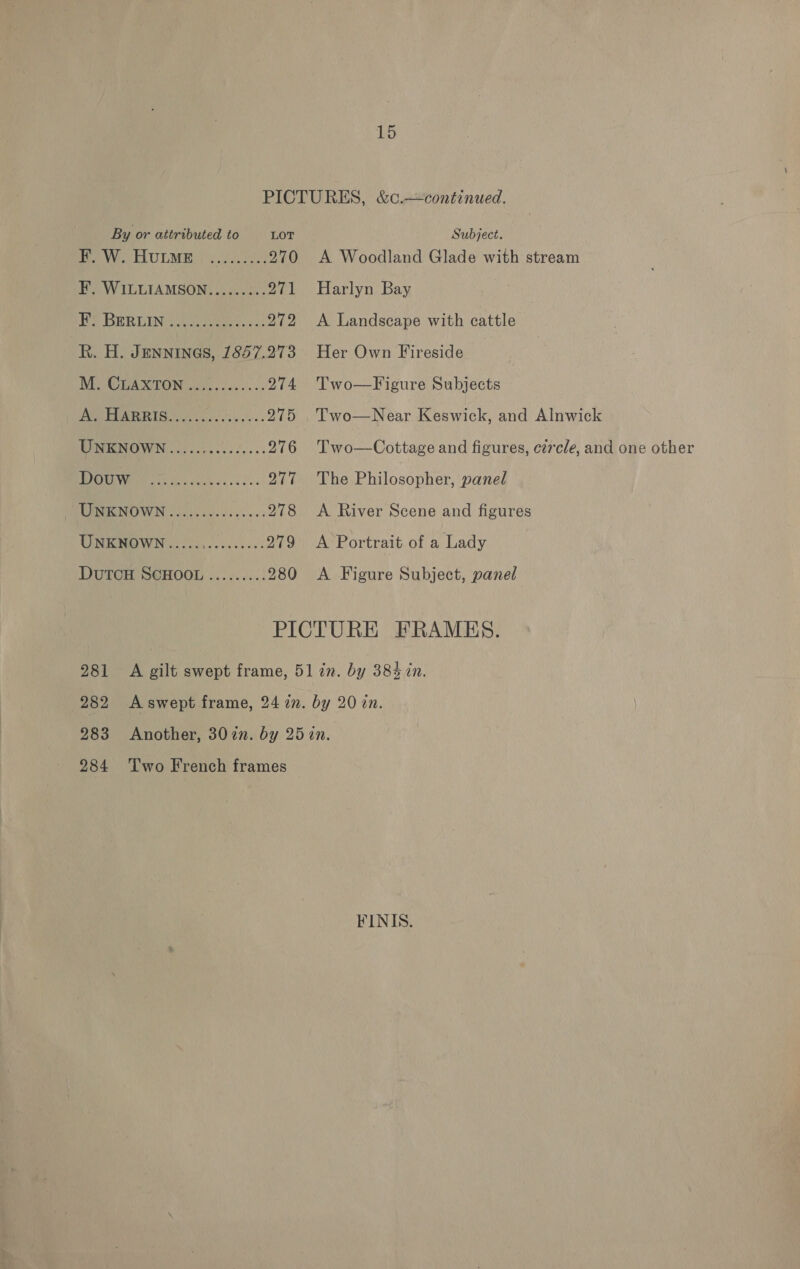 15 By or attributed to LOT ee Vea ELULMOR &gt;, hee 270 F. WILLIAMSON......... 271 BP BER DIN wel eeee &lt;8 272 R. H. JENNINGS, 1857.273 My CrAXTON 2e.....2... 274 REAVER IR We ccieciy sis. 275 UNENOWN ....0.000..... 276 LAY OS Gta mee ae nee 277 TOMENOWN coche. ccc es 278 UNENOWN .2055..05...50. 279 DUTCH SCHOOL ......... 280 Subject. A Woodland Glade with stream Harlyn Bay A Landscape with cattle Her Own Fireside Two—Figure Subjects Two—Near Keswick, and Alnwick Two—Cottage and figures, cz7cle, and one other The Philosopher, panel A River Scene and figures A Portrait of a Lady A Figure Subject, panel 284 Two French frames FINIS.