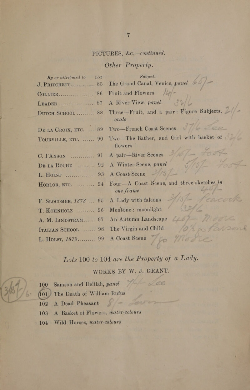 By or attributed to LOT MOP REPCHET T tous ens as 85 POE LIBR et wher. 86 PS DE crc tae S82 gees 87 _ DurcH SCHOOL......... 88 DE LA CROIX, ETC. .. 89 VOURVINDE.: BTCe [2UN. 90 COHEN NGON® scl fos. 91 Pisa HOCH Ui. eo. ves 92 PP ELOUSTS Most cache ocho: 93 MORLOR ETO. -azv +4. 08 F. SLOCOMBE, 1878 ... 95 PUAICOHNHOLZ ..:..5,--- 96 A. M. LinpstRAM...... 97 ITALIAN SCHOOL ...... 98 BEHOISTHIS 79 snc: 99 Subject. The Grand Canal, Venice, panel &amp; - Fruit and Flowers A River View, panel Three—Fruit, and a pair: Figure Subjects, ovals Two —-French Coast Scenes ''wo—The Bather, and Girl with basket of flowers A pair—River Scenes A Winter Scene, panel A Coast Scene Four—-A Coast Scene, and three sketches 27 one frame A Lady with falcons Mentone: moonlight An Autumn Landscape The Virgin and Child A Coast Scene 102 A Dead Pheasant